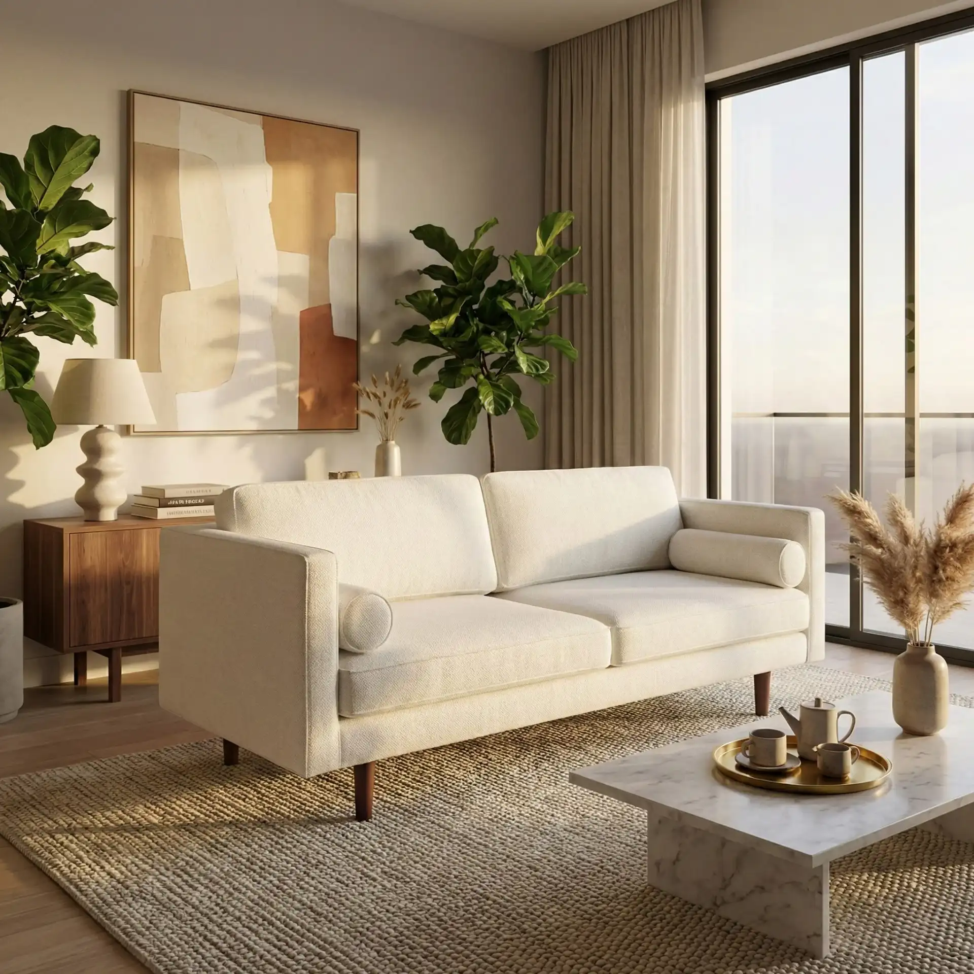 Hurley Mid-Century Sofa in White in a styled room
