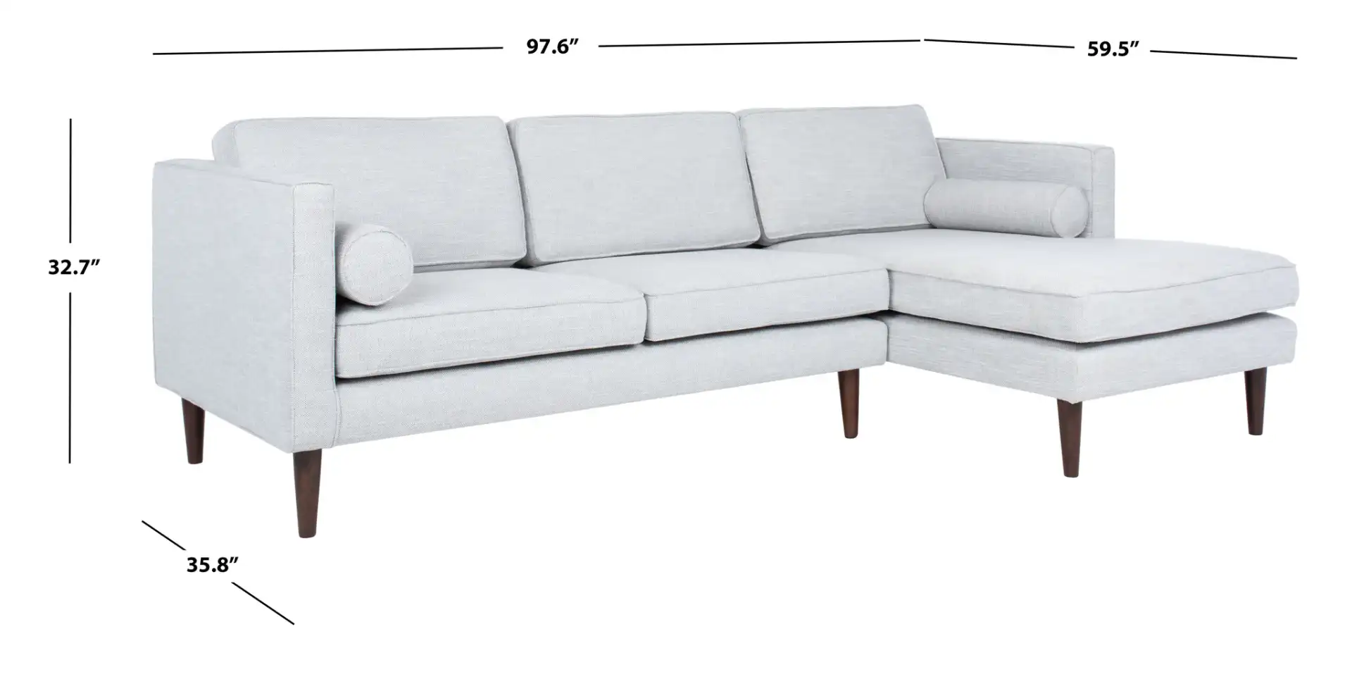 Dulce Mid-Century Chaise Sofa in Light Grey / Brown, detail view