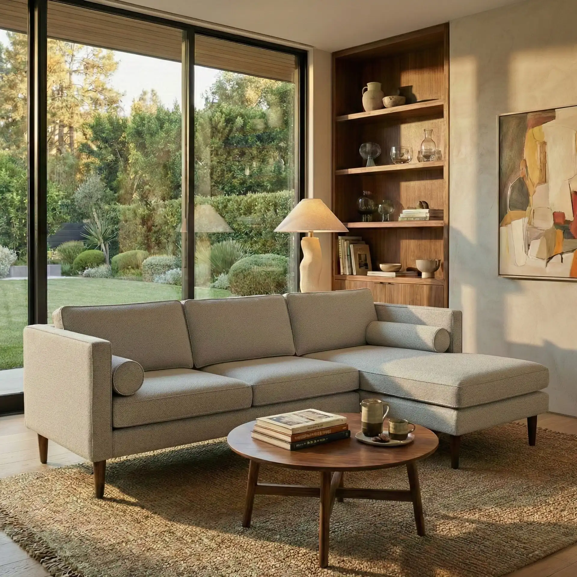 Dulce Mid-Century Chaise Sofa in Light Grey / Brown in a styled room