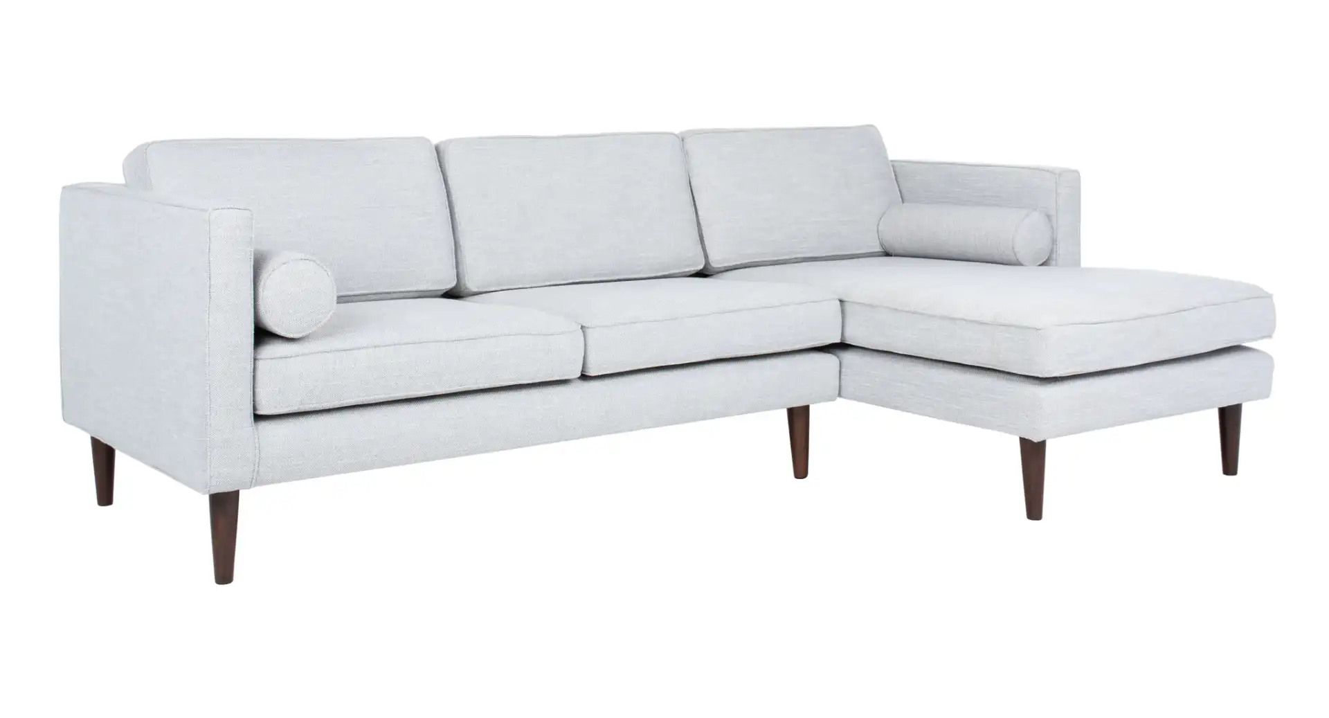 Dulce Mid-Century Chaise Sofa in Light Grey / Brown, detail view