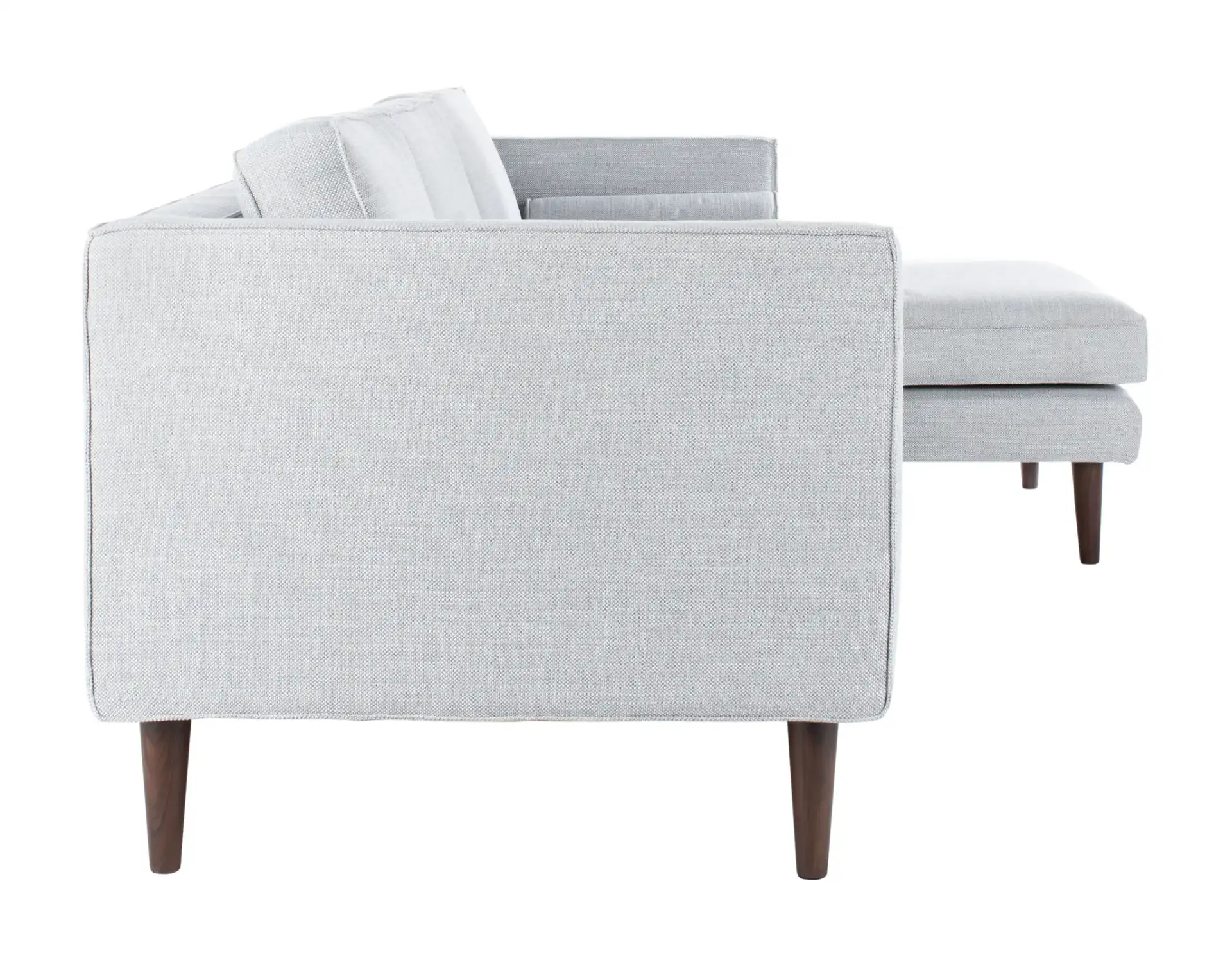 Dulce Mid-Century Chaise Sofa in Light Grey / Brown, detail view