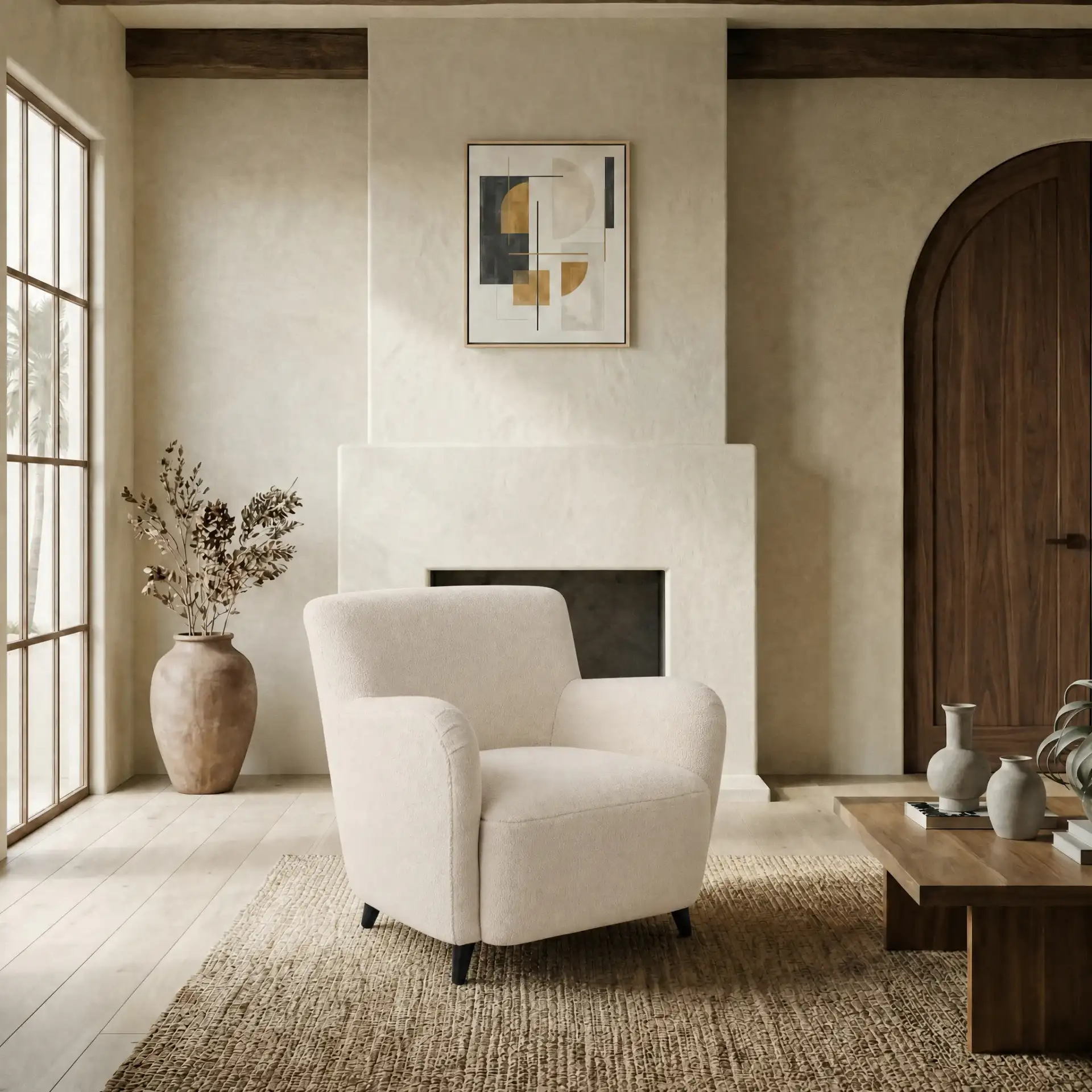 Rayanne Teddy Large Modern Wingback Chair in Ivory in a styled room