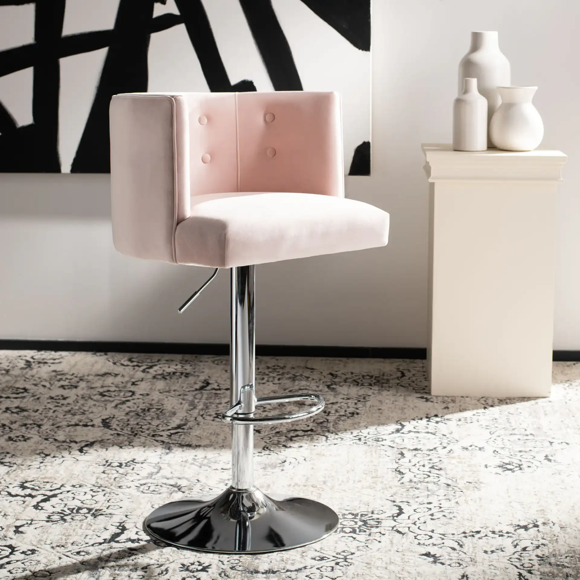 Zayna Adjustable Barstool in Light Gray in a styled room
