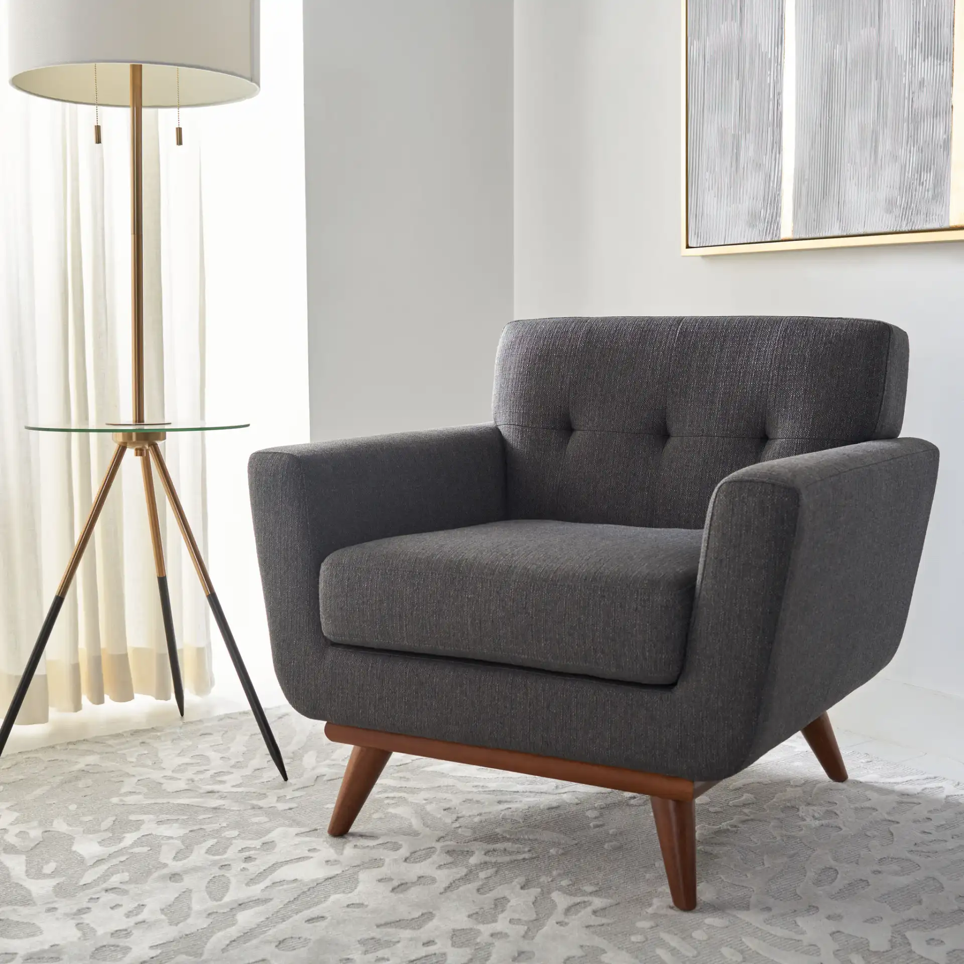 Opal Linen Tufted Arm Chair in Slate Gray in a styled room