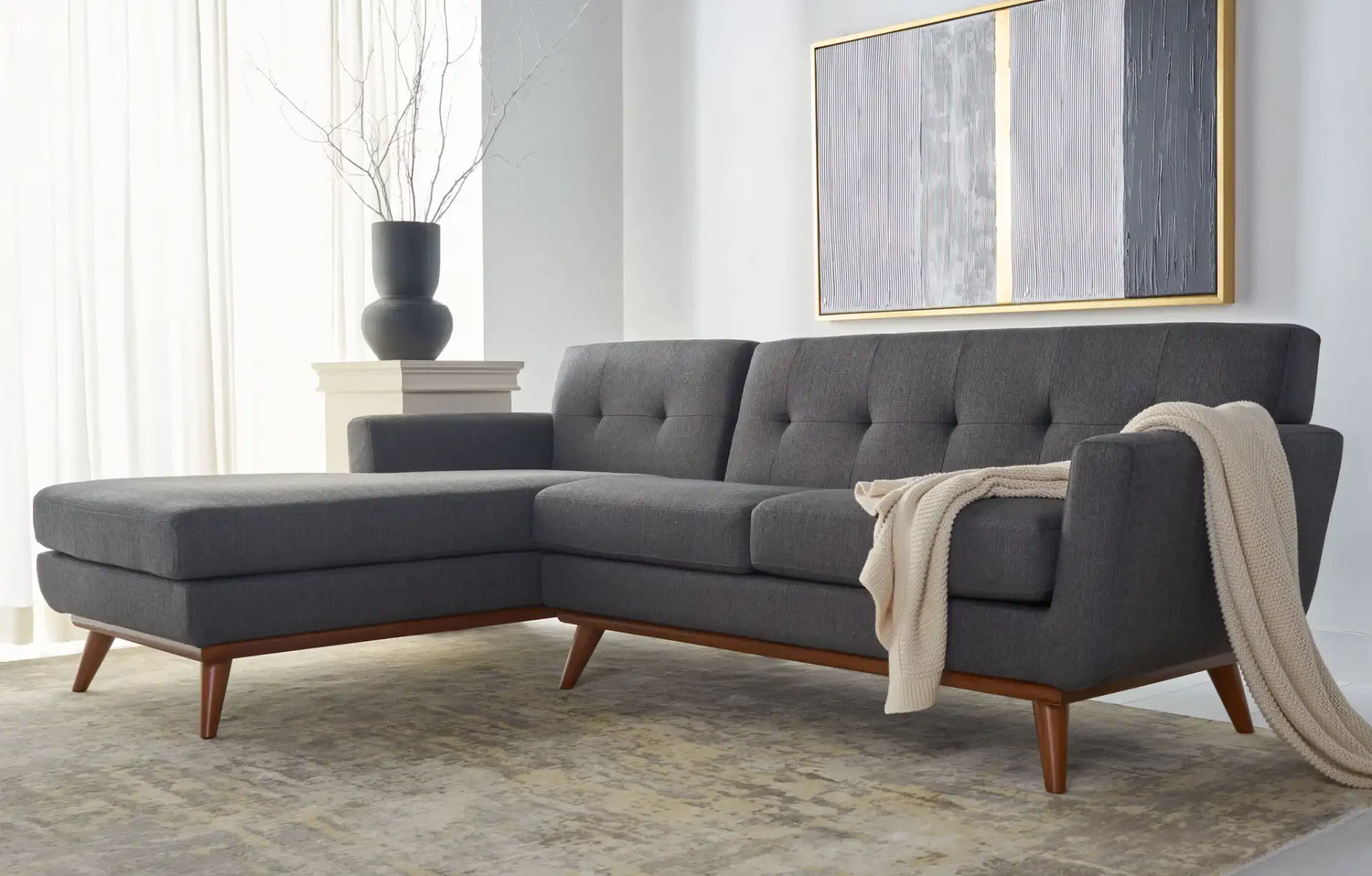 Opal Linen Tuft Sectional Sofa in Slate / Grey in a styled room