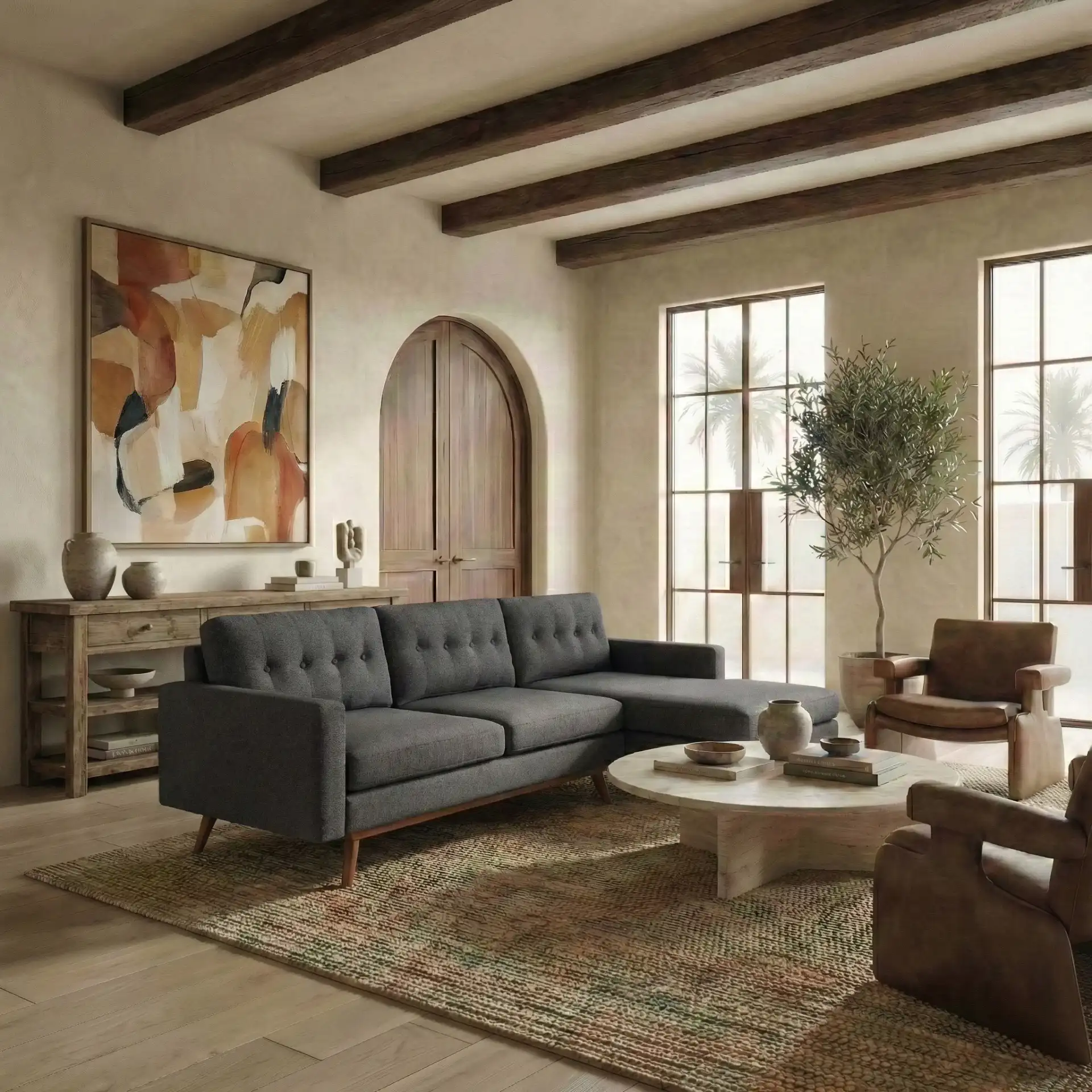 Gneiss Modern Sectional Sofa in Slate / Grey in a styled room