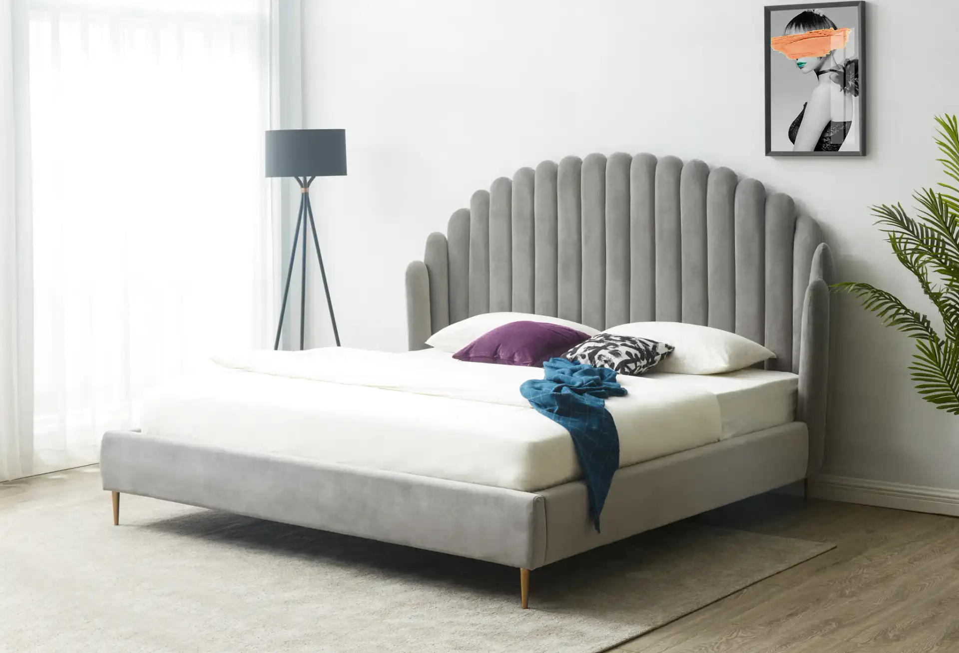 Rosabella Channel Tufted Bed in Light Grey / Gold in a styled room