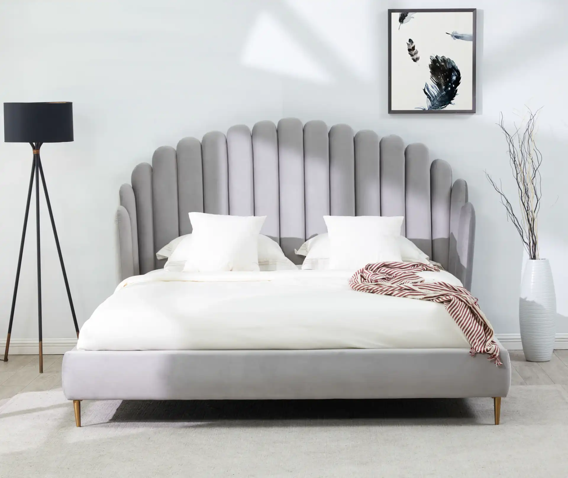 Rosabella Channel Tufted Bed in Light Grey / Gold in a styled room