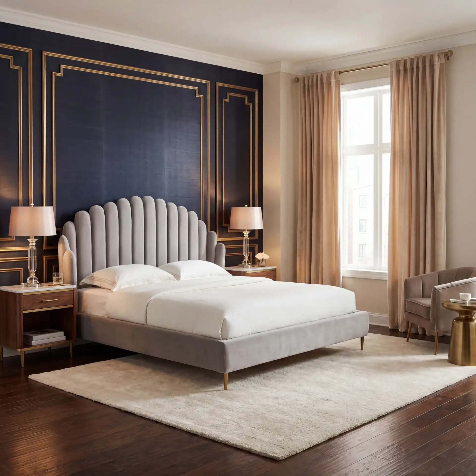 Rosabella Channel Tufted Bed in Light Grey / Gold in a styled room