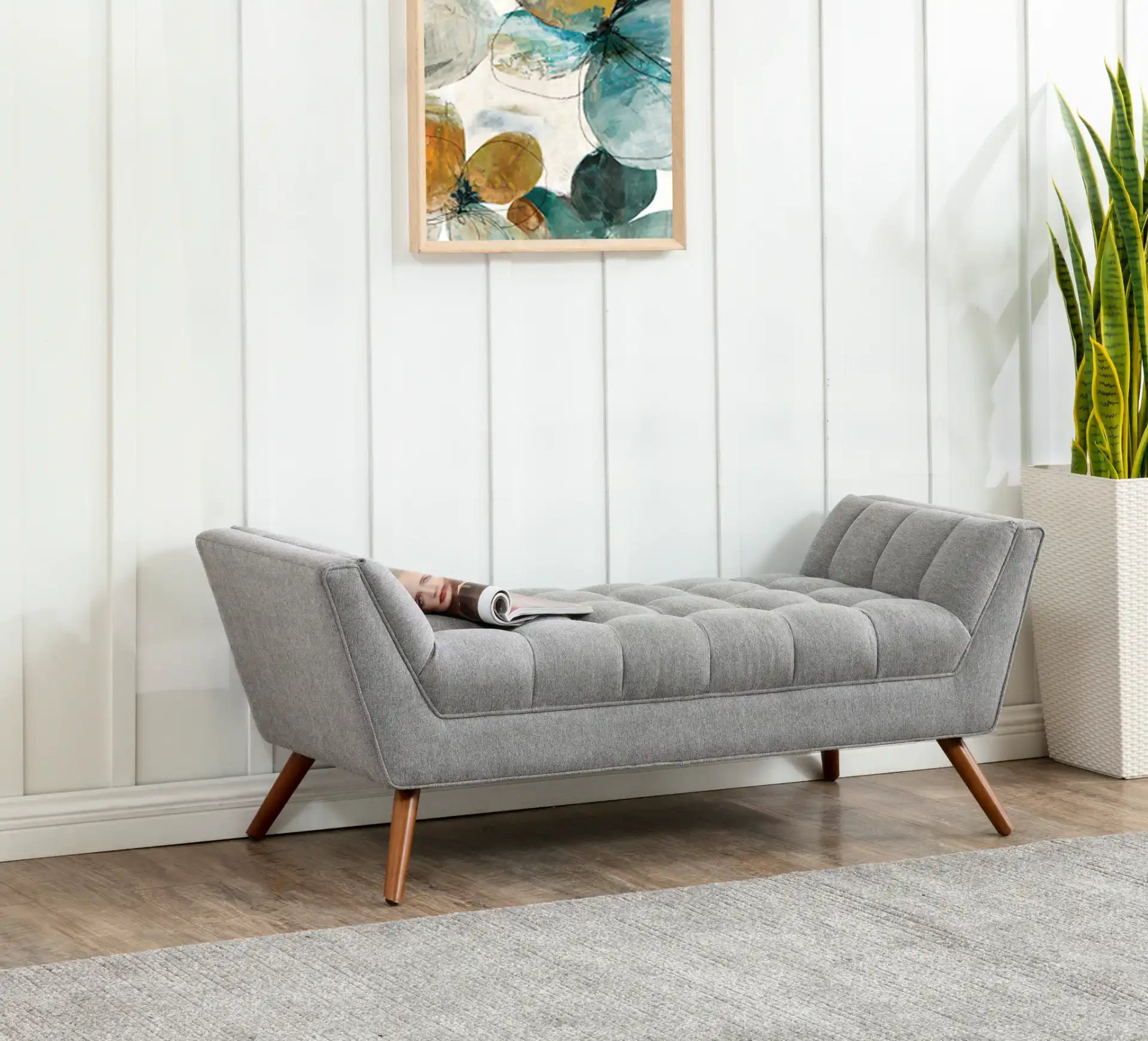 Damian Tufted Bench in Light Gray in a styled room
