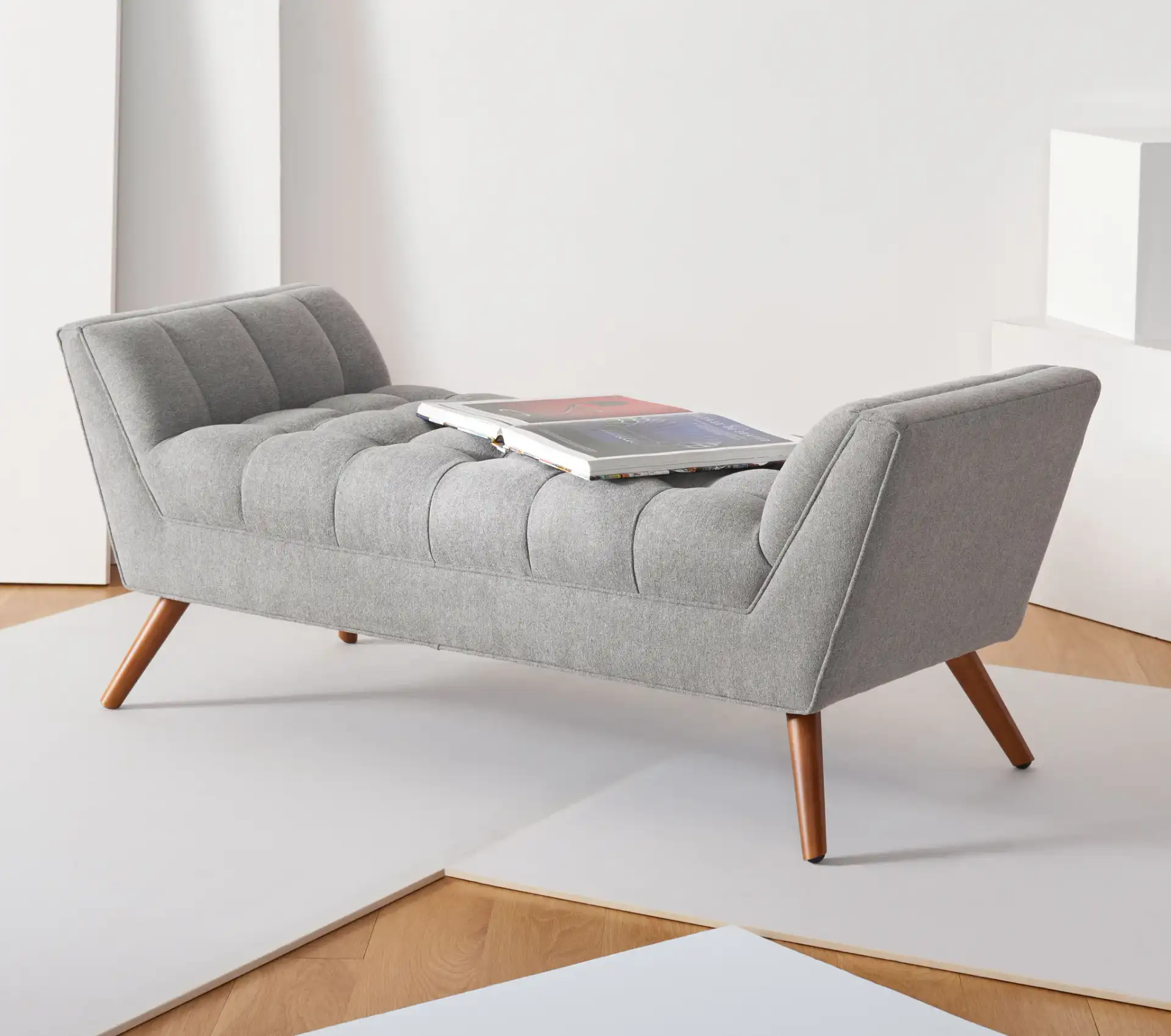 Damian Tufted Bench in Light Gray in a styled room