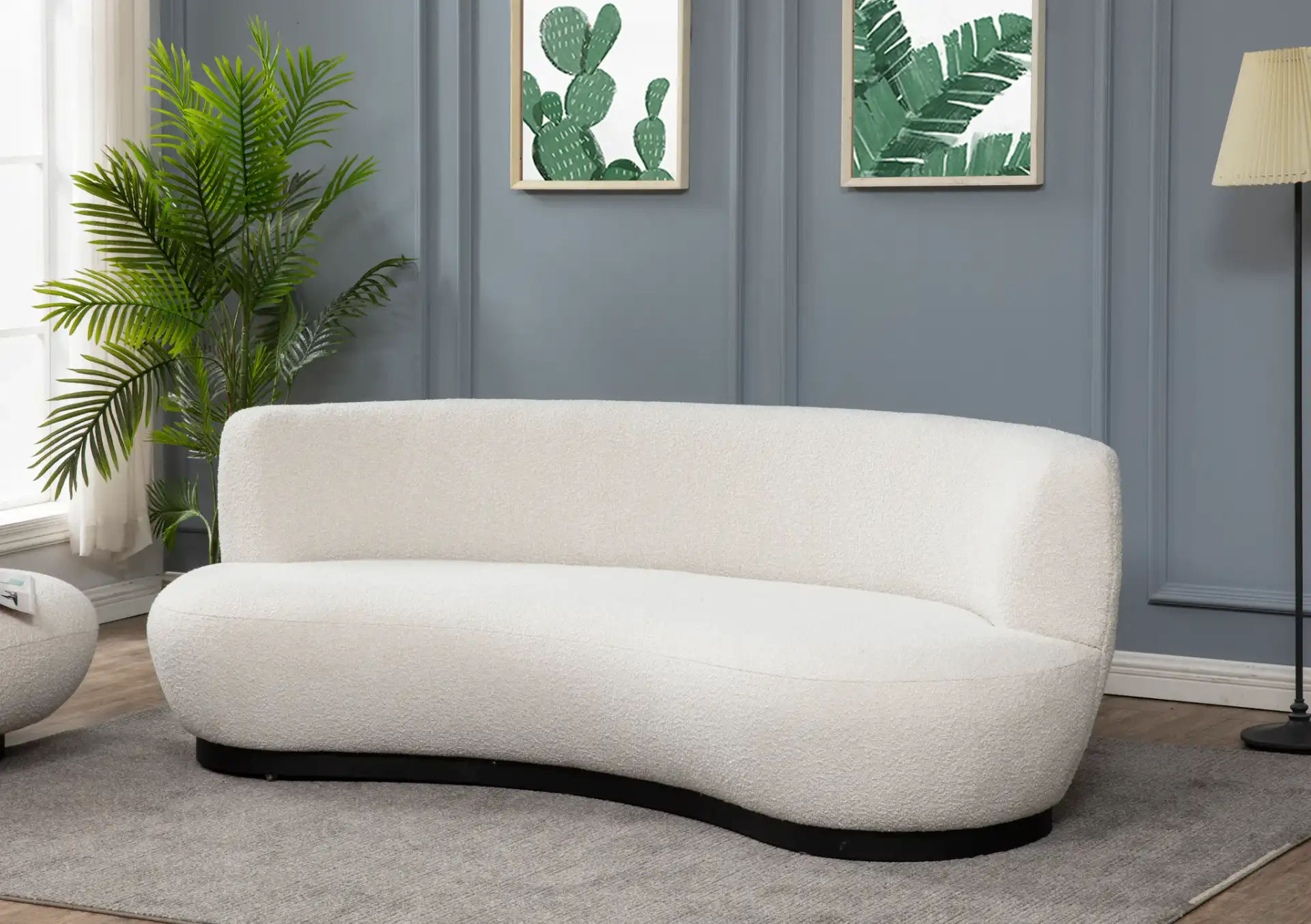 Stevie Boucle Curved Back Sofa in Ivory in a styled room