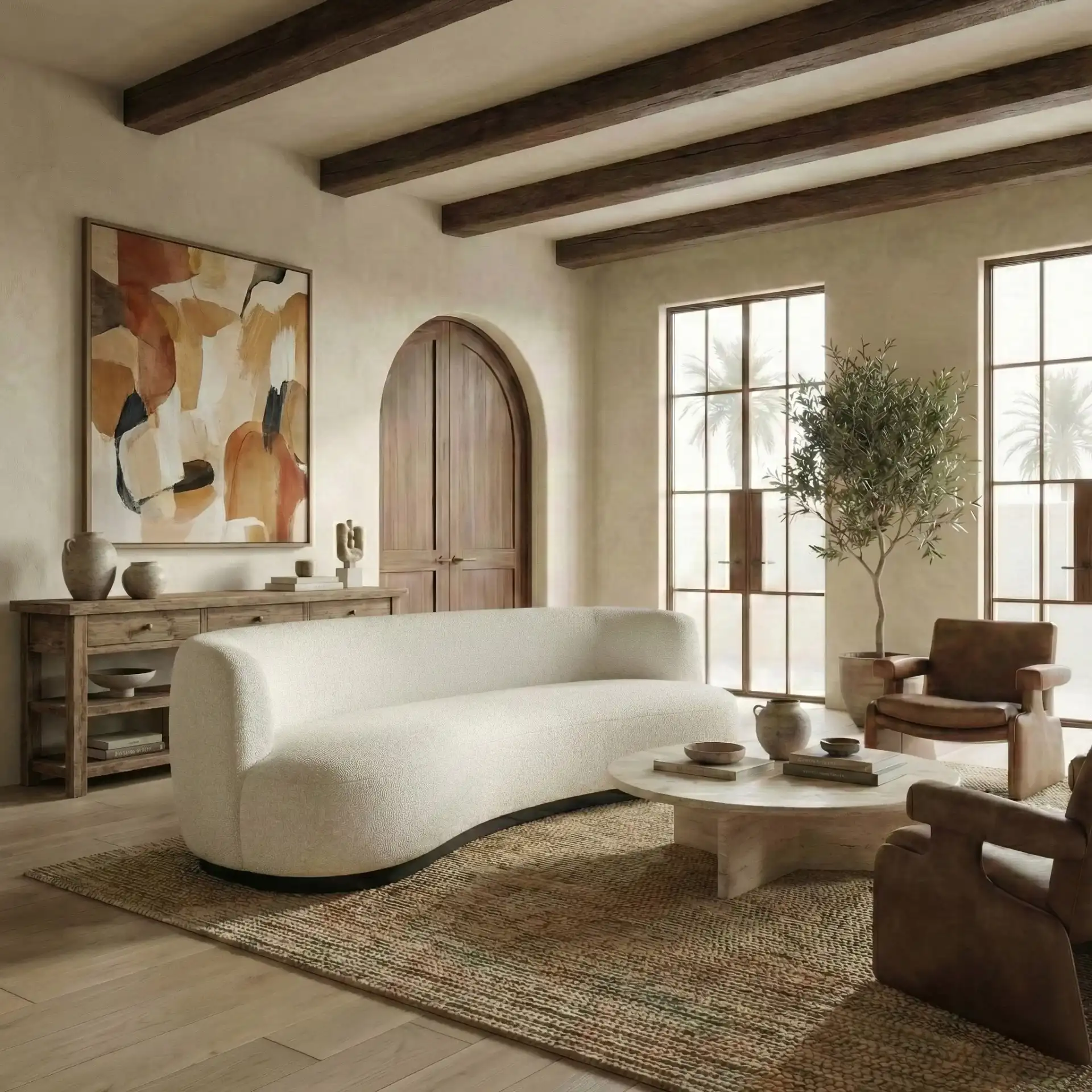 Stevie Boucle Curved Back Sofa in Ivory in a styled room