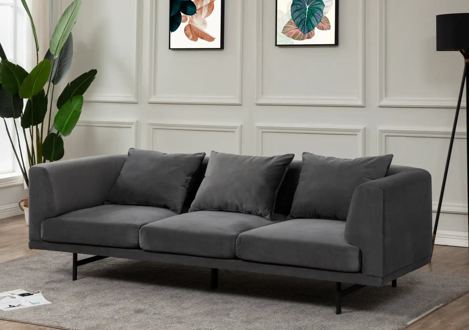 Marcy Velvet Sofa in Grey in a styled room