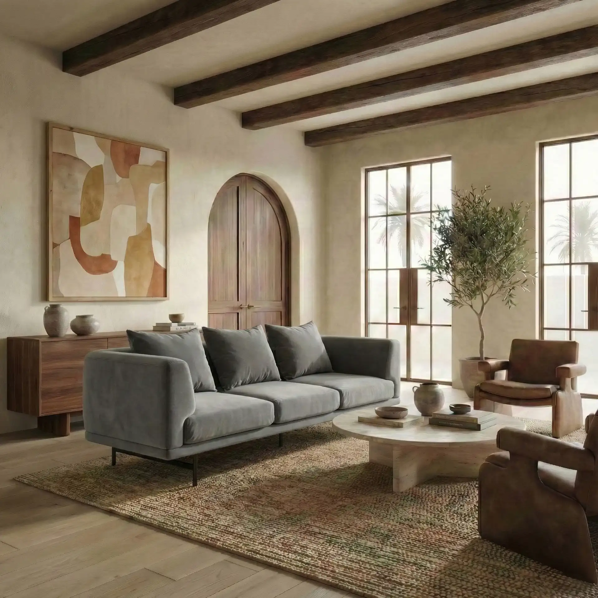 Marcy Velvet Sofa in Grey in a styled room