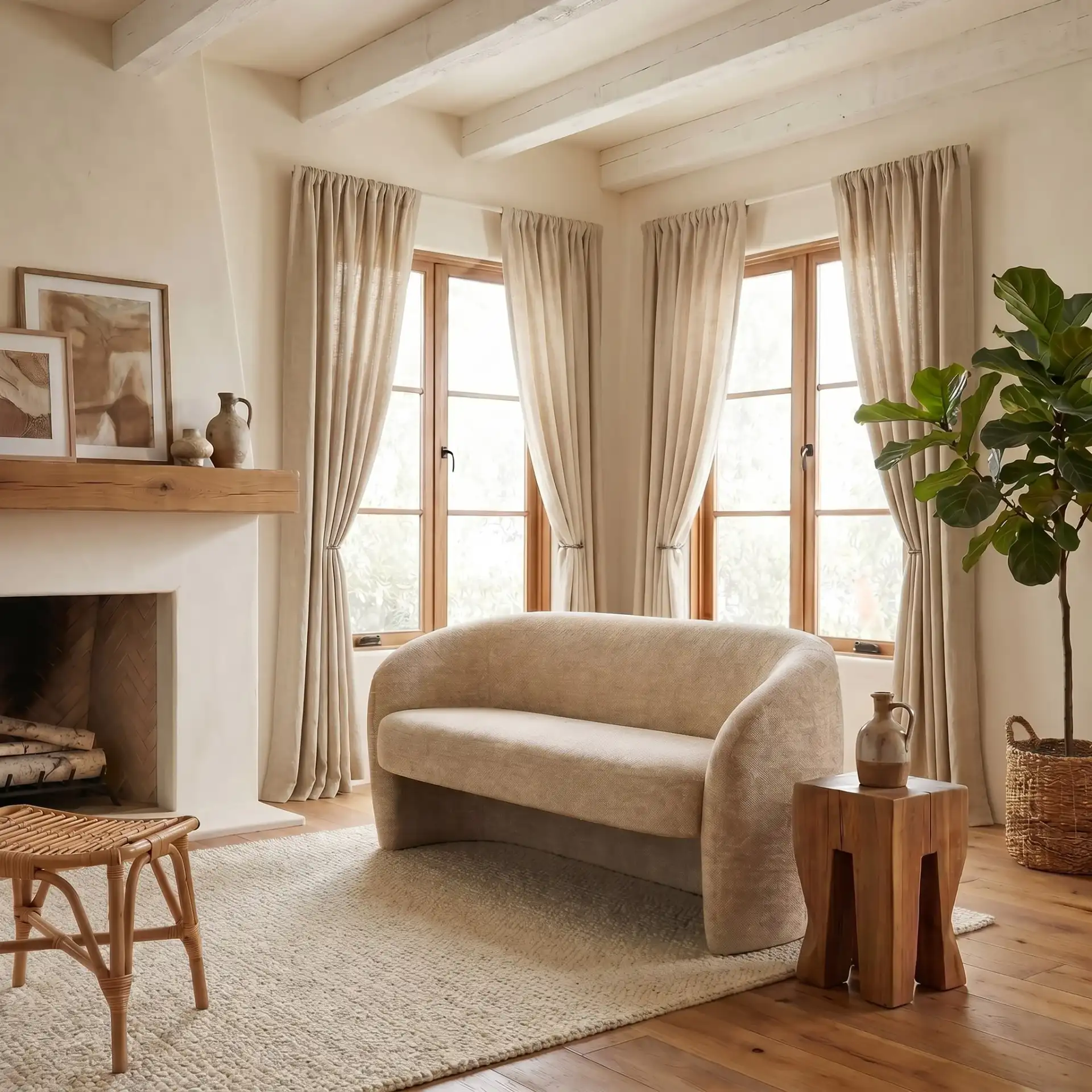 Zhao Curved Loveseat in Light Brown in a styled room