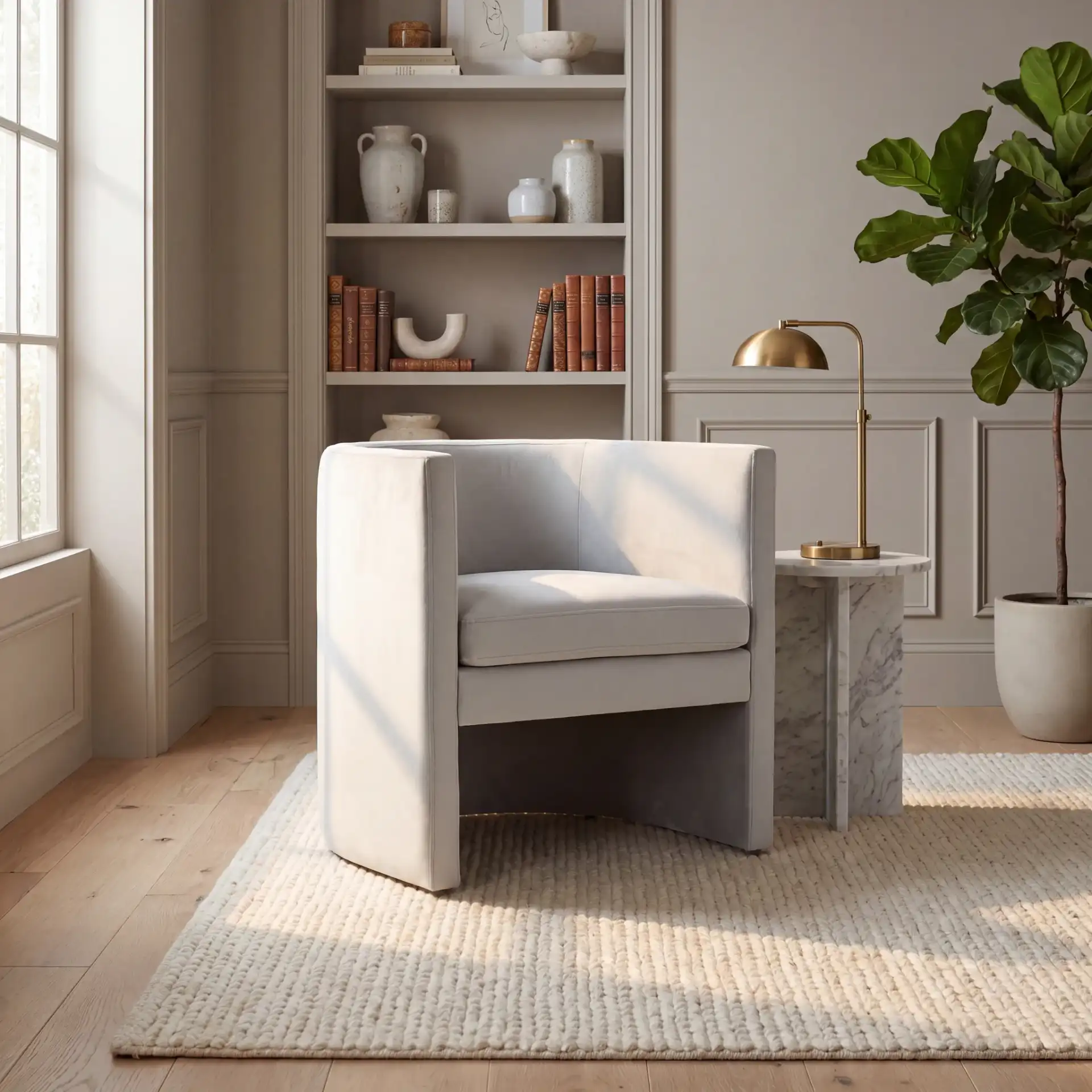 Rosabeth Curved Dining Chair in Light Gray in a styled room