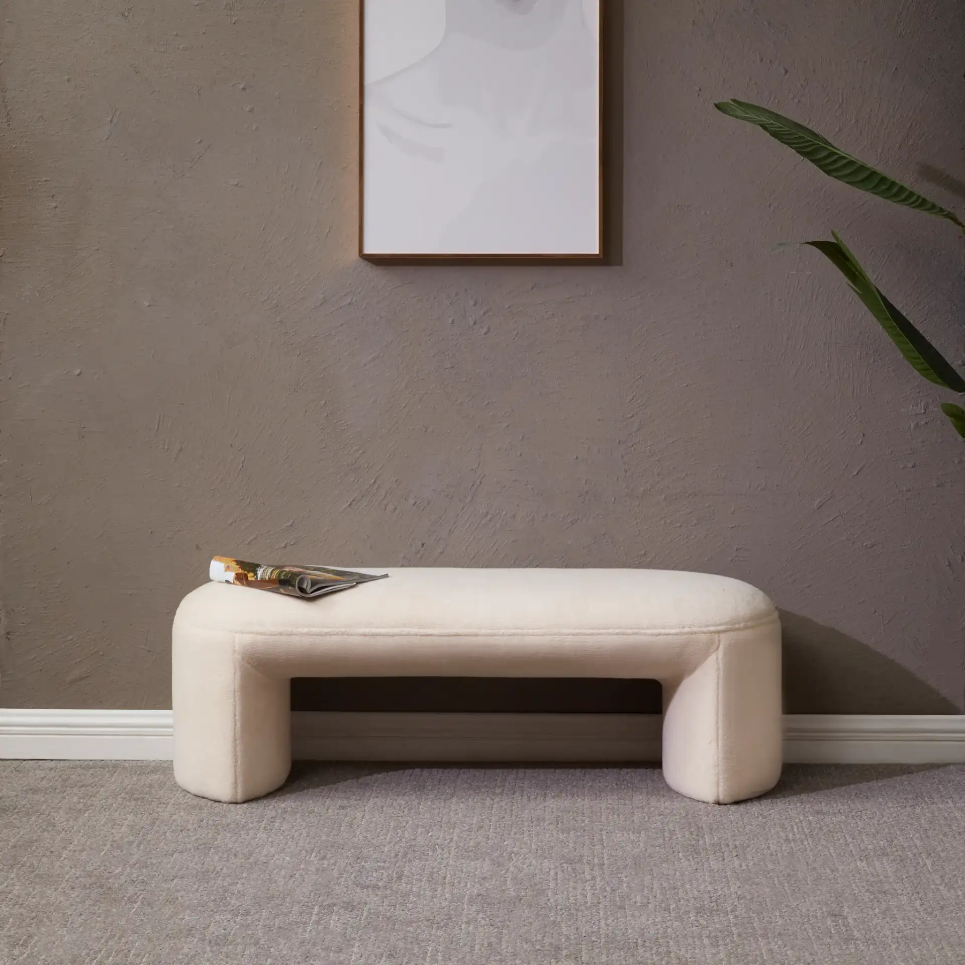 Vivie Faux Shearling Bench in Ivory in a styled room