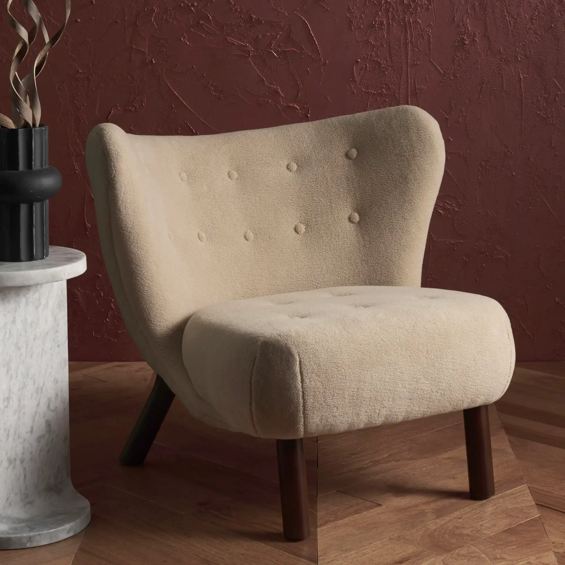 Gabriel Modern Wingback Chair in Tan / Dark Brown in a styled room