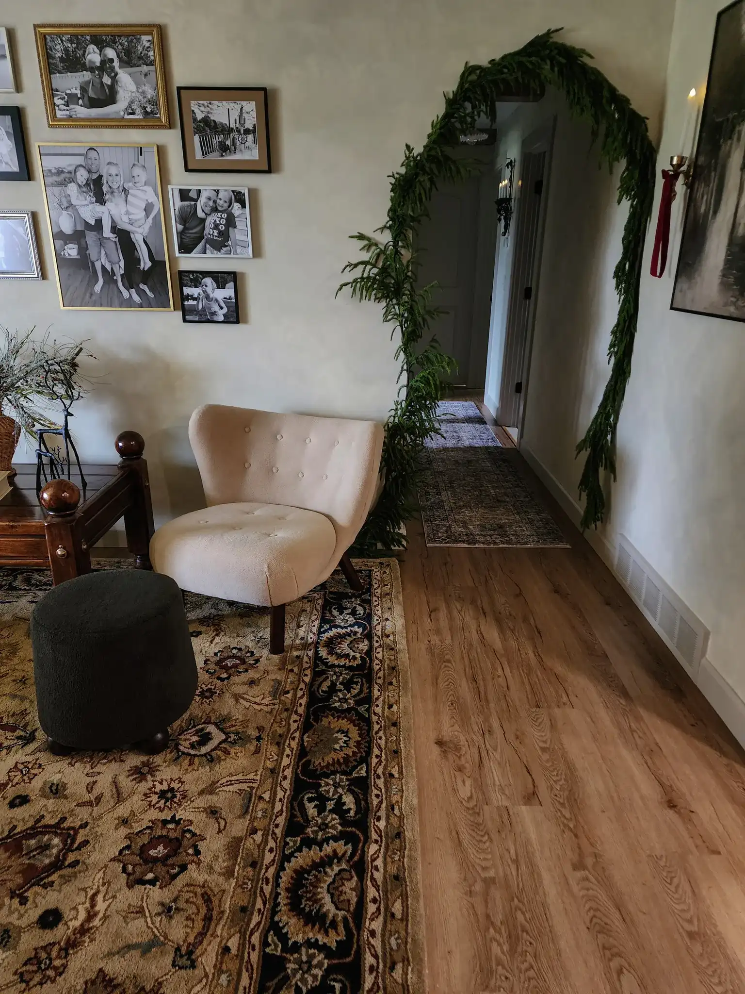 Gabriel Modern Wingback Chair in Tan / Dark Brown in a styled room