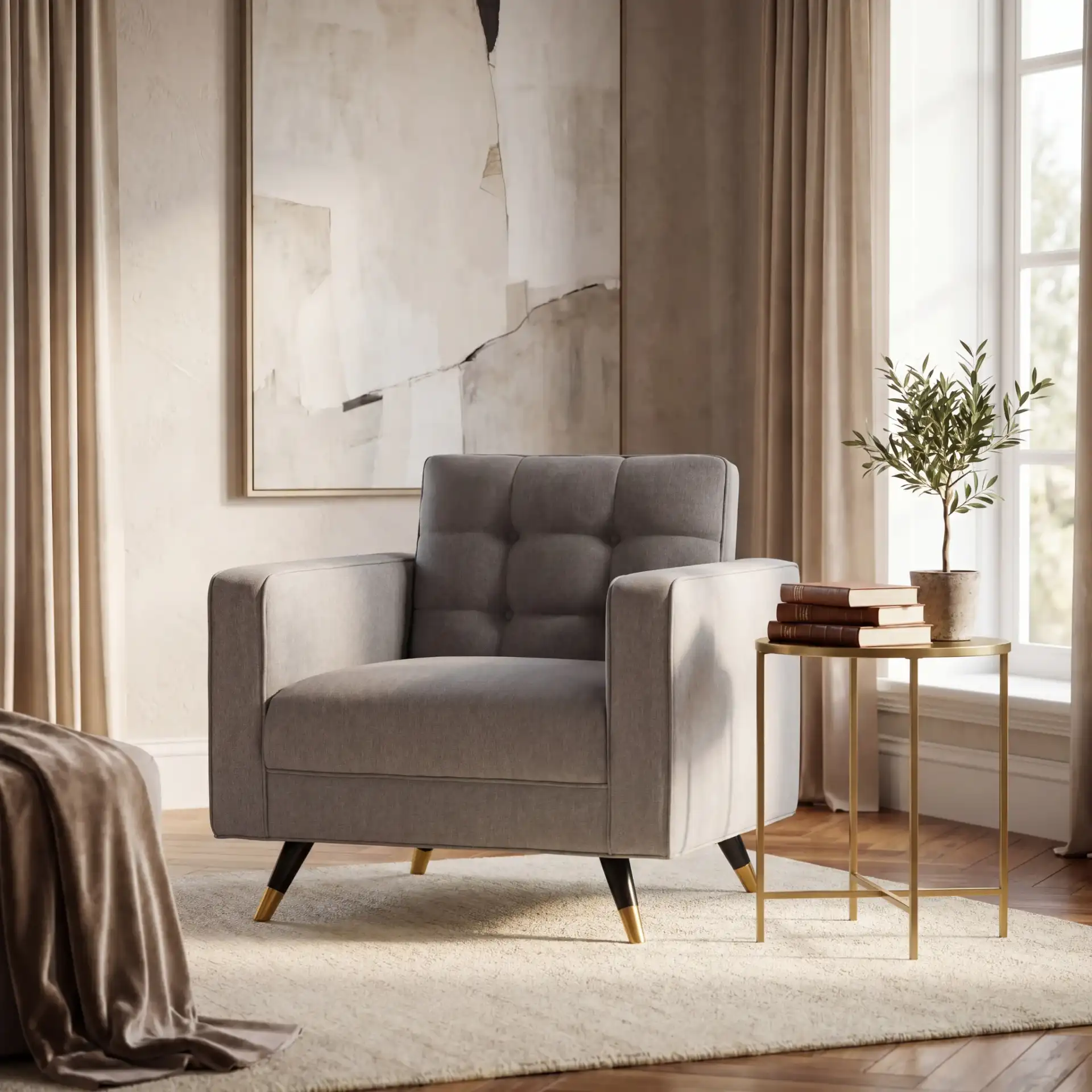 Bradson Tufted Back Accent Chair in Light Gray / Black in a styled room