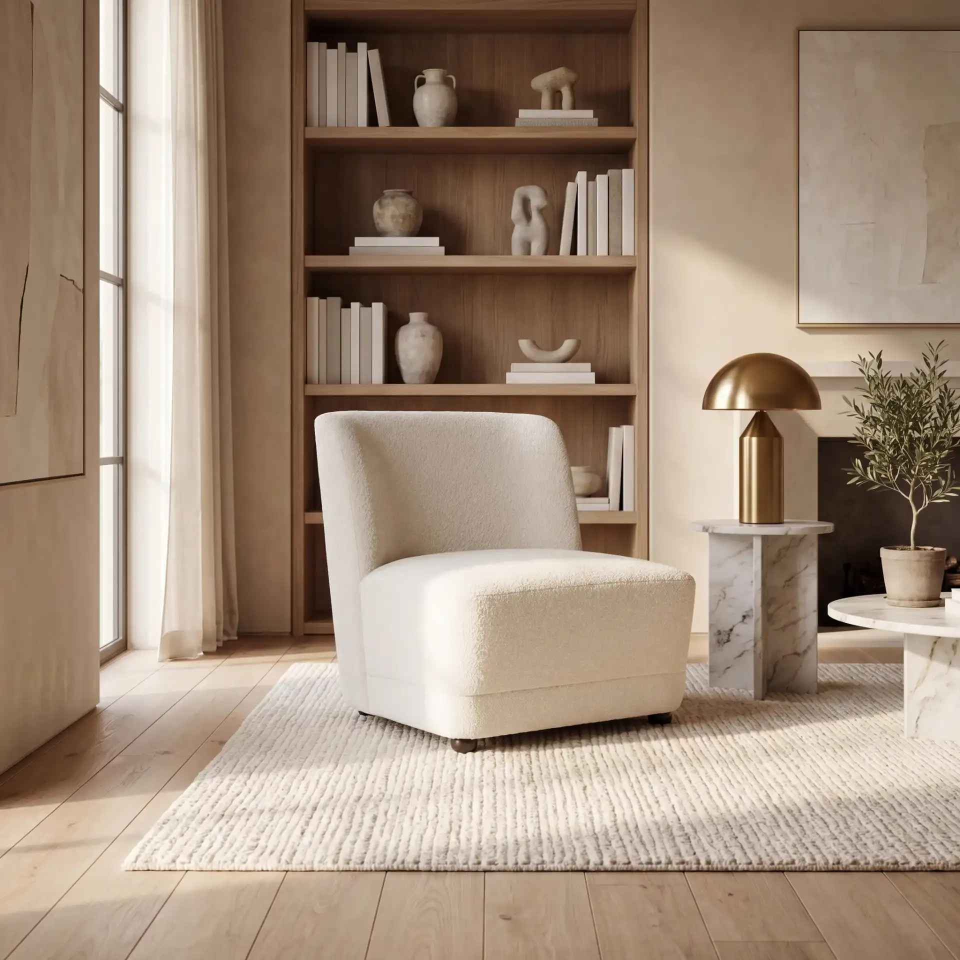 Nessa Boucle Accent Chair in Ivory / Black in a styled room