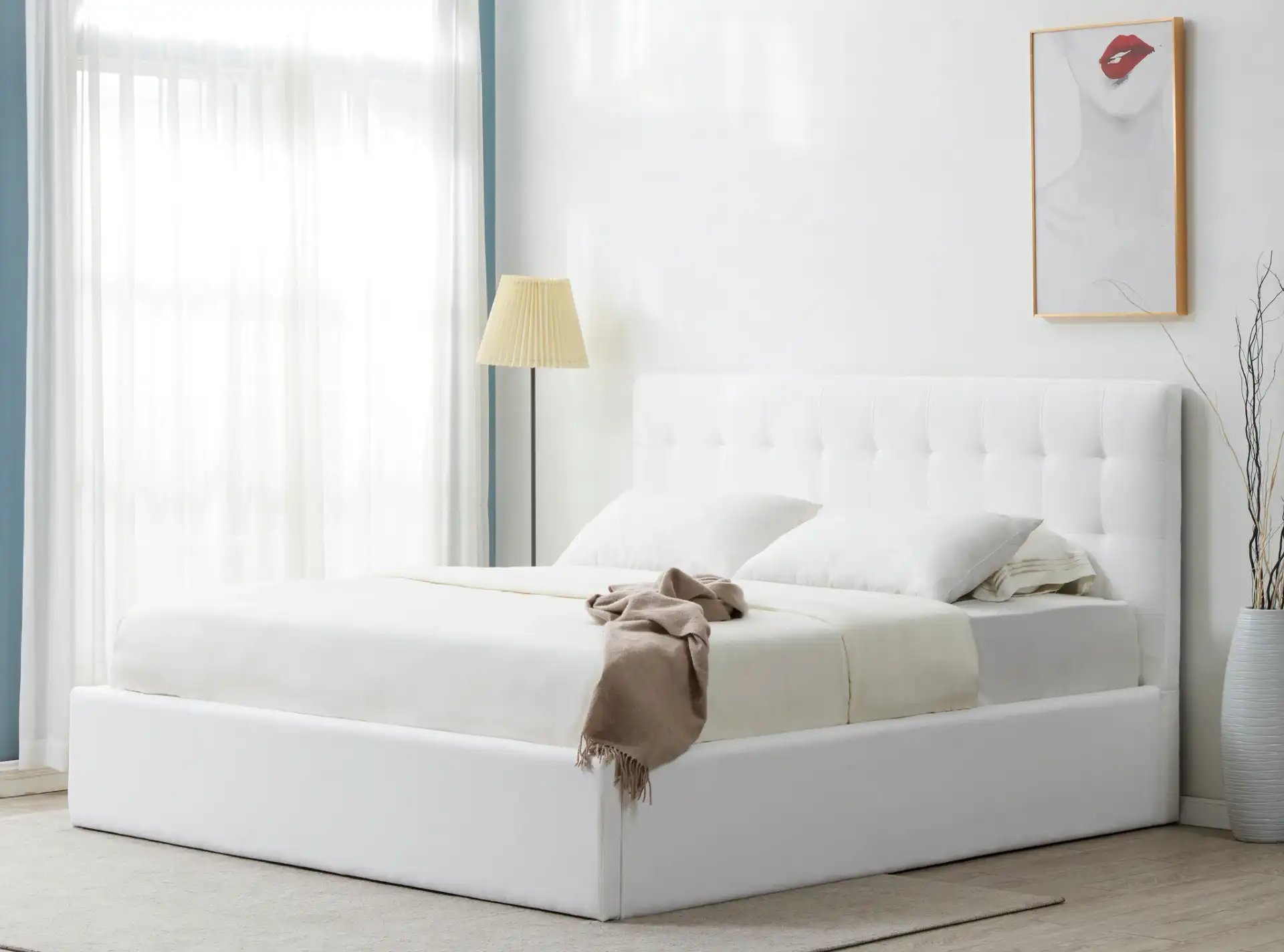 Rosita Low Profile Tufted Bed in Ivory in a styled room