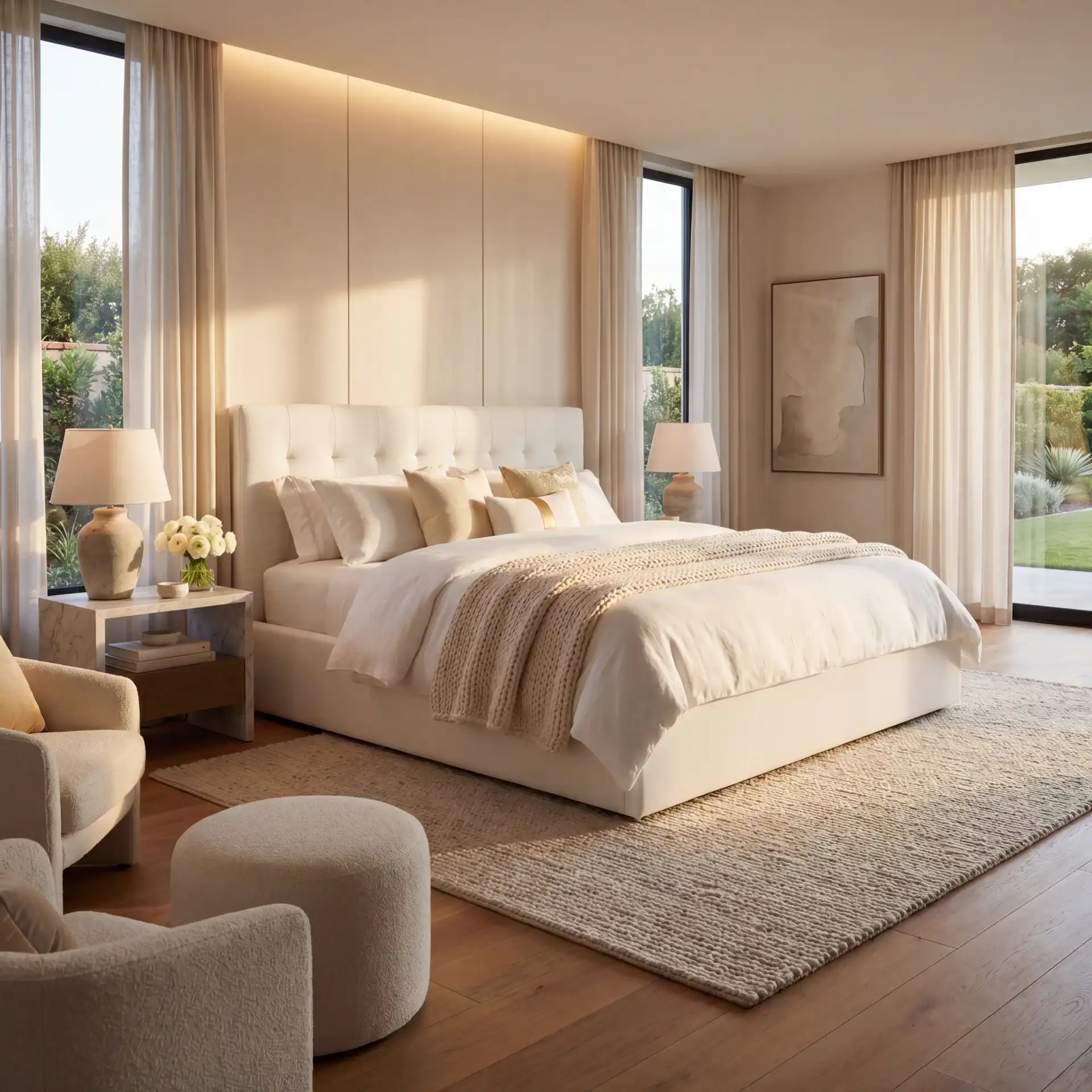 Rosita Low Profile Tufted Bed in Ivory in a styled room