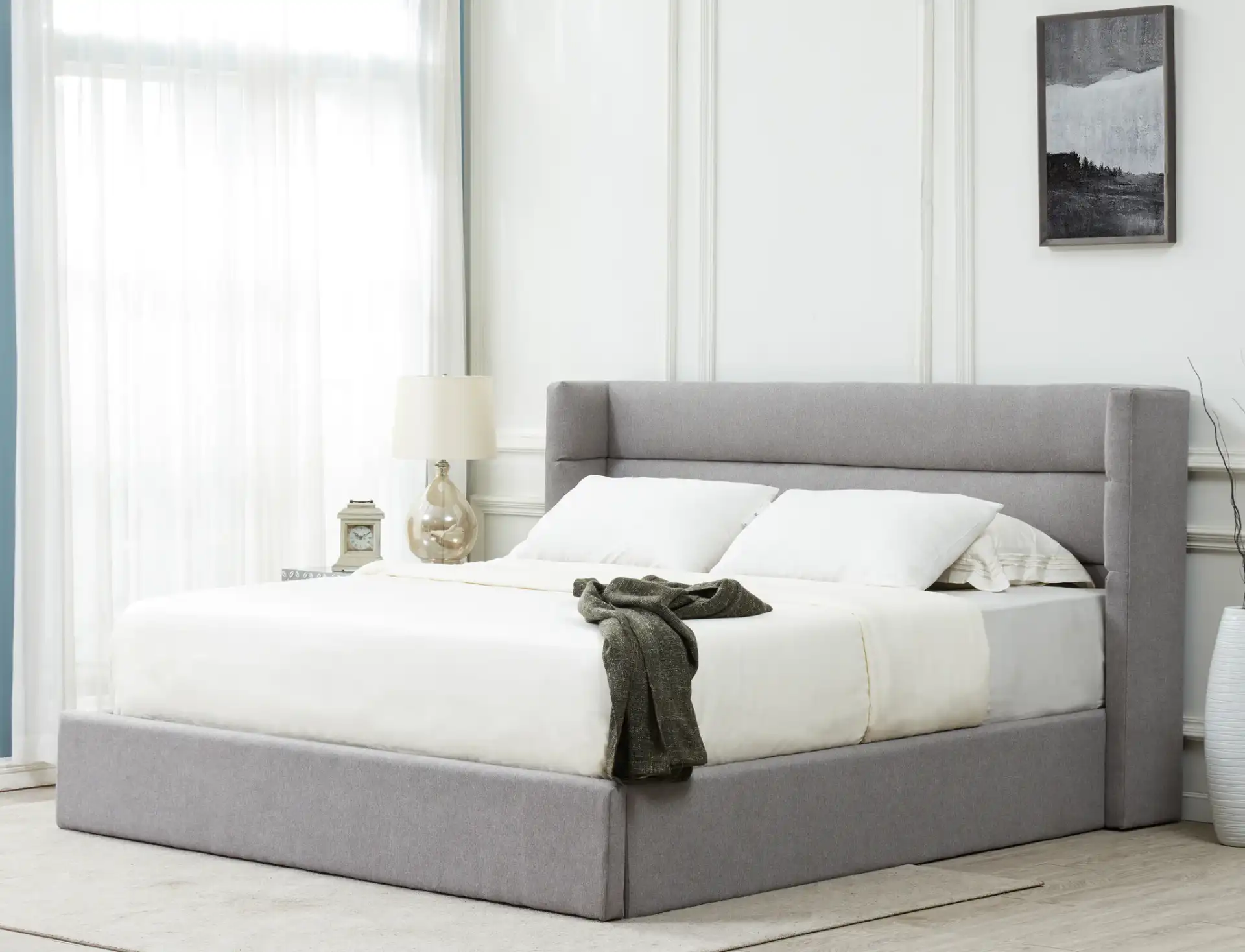 Olivianna Low Profile Bed in Light Gray in a styled room