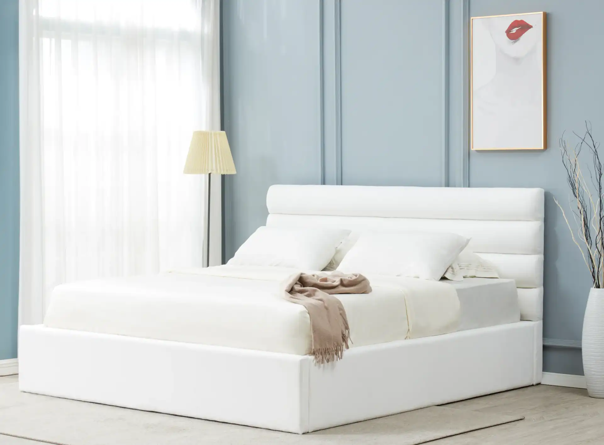 Jaybella Low-Profile Tufted Bed in Ivory in a styled room