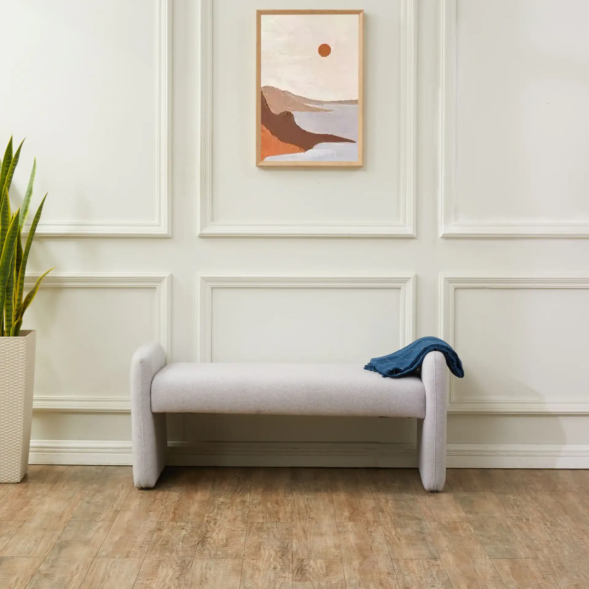 Patsy Chiclet Bench in Light Gray in a styled room