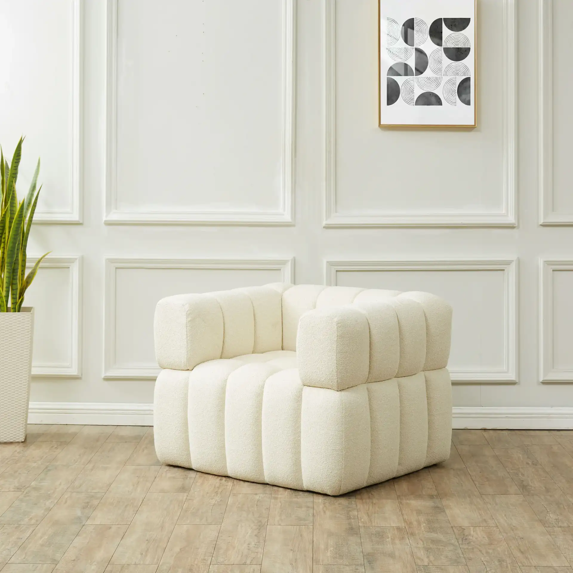 Calyna Boucle Accent Chair in Light Gray in a styled room