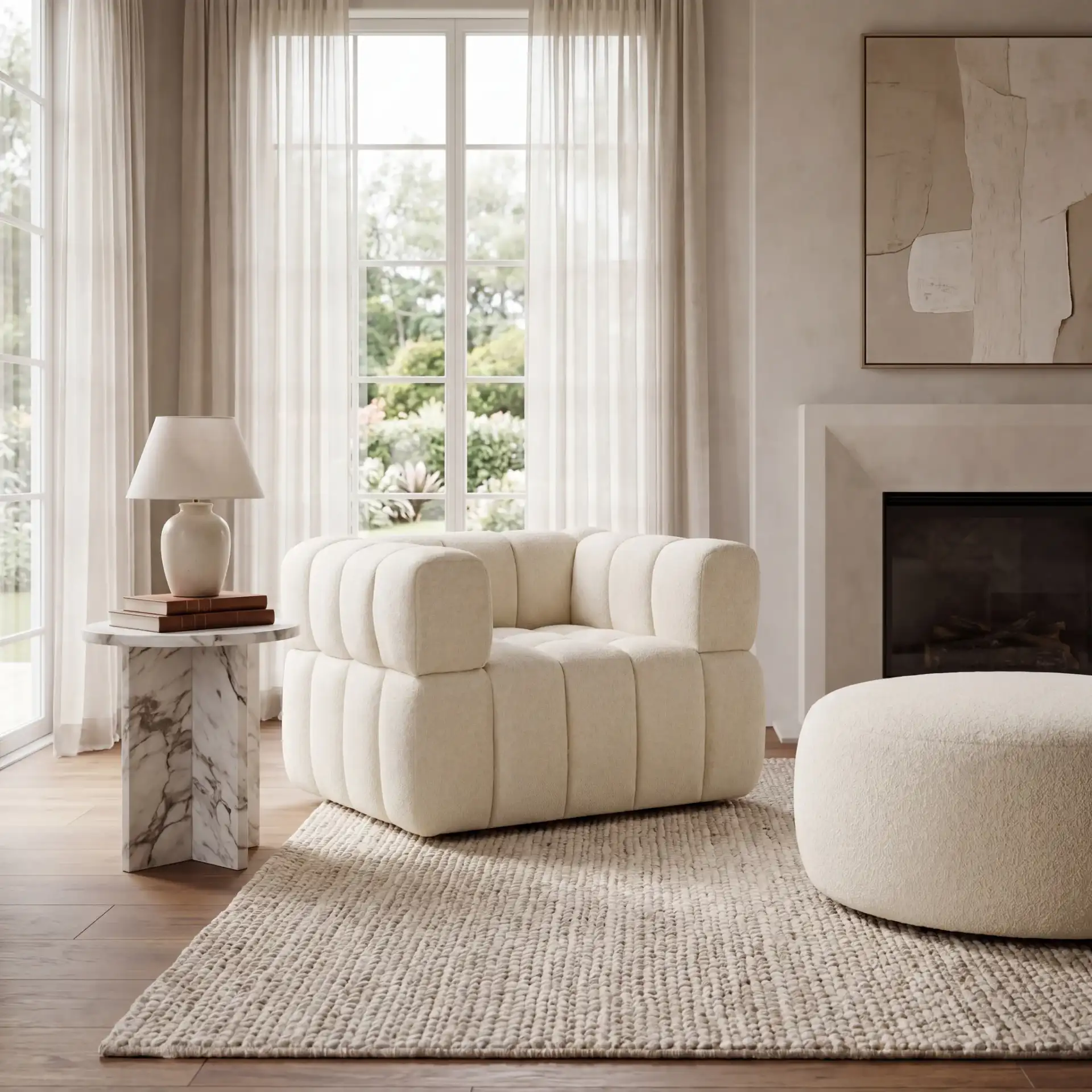 Calyna Boucle Accent Chair in Light Gray in a styled room