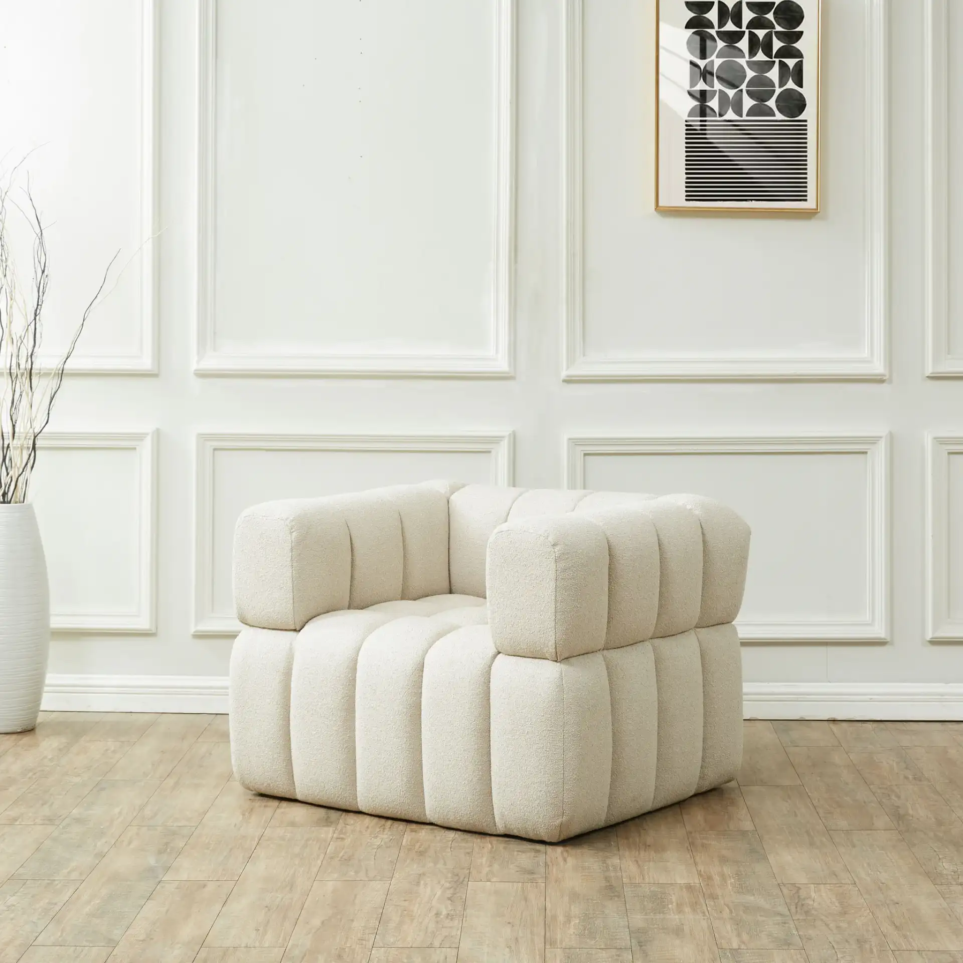 Calyna Boucle Accent Chair in Light Gray in a styled room