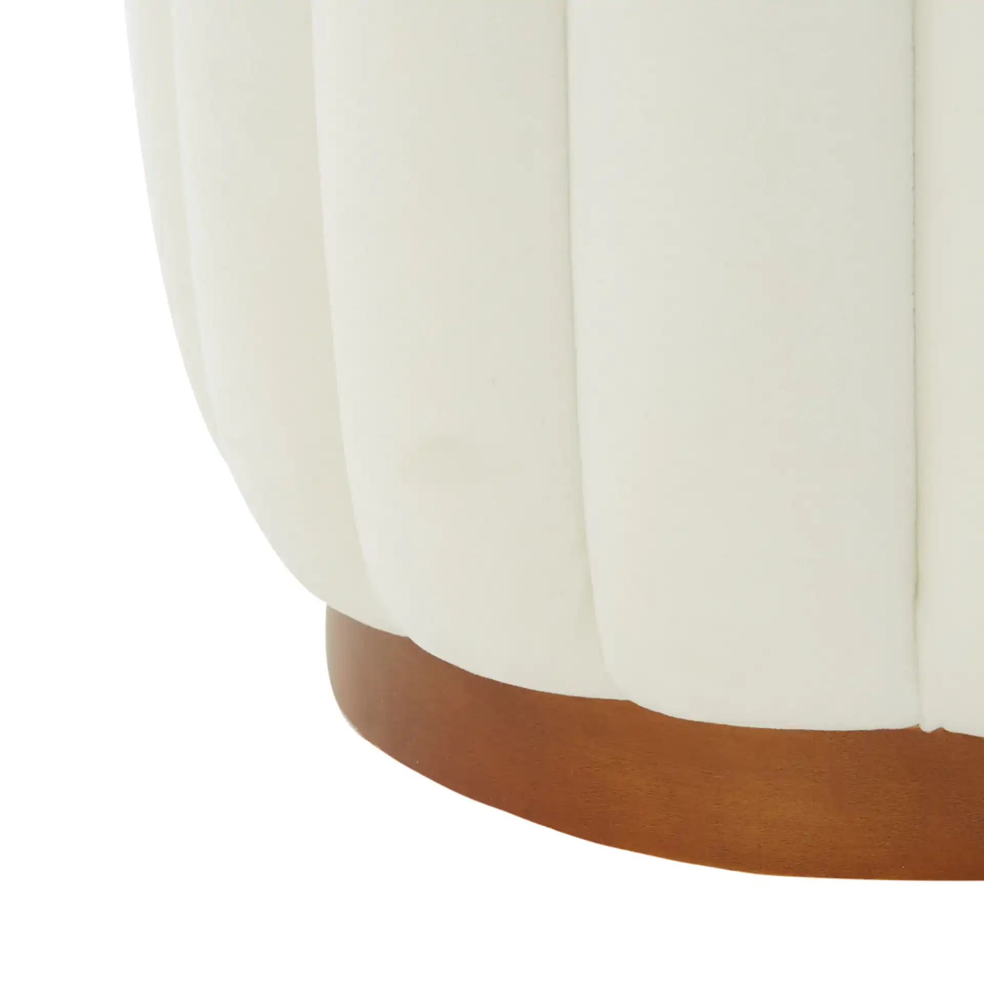 Sherrie Round Tufted Ottoman in Ivory / Walnut in a styled room