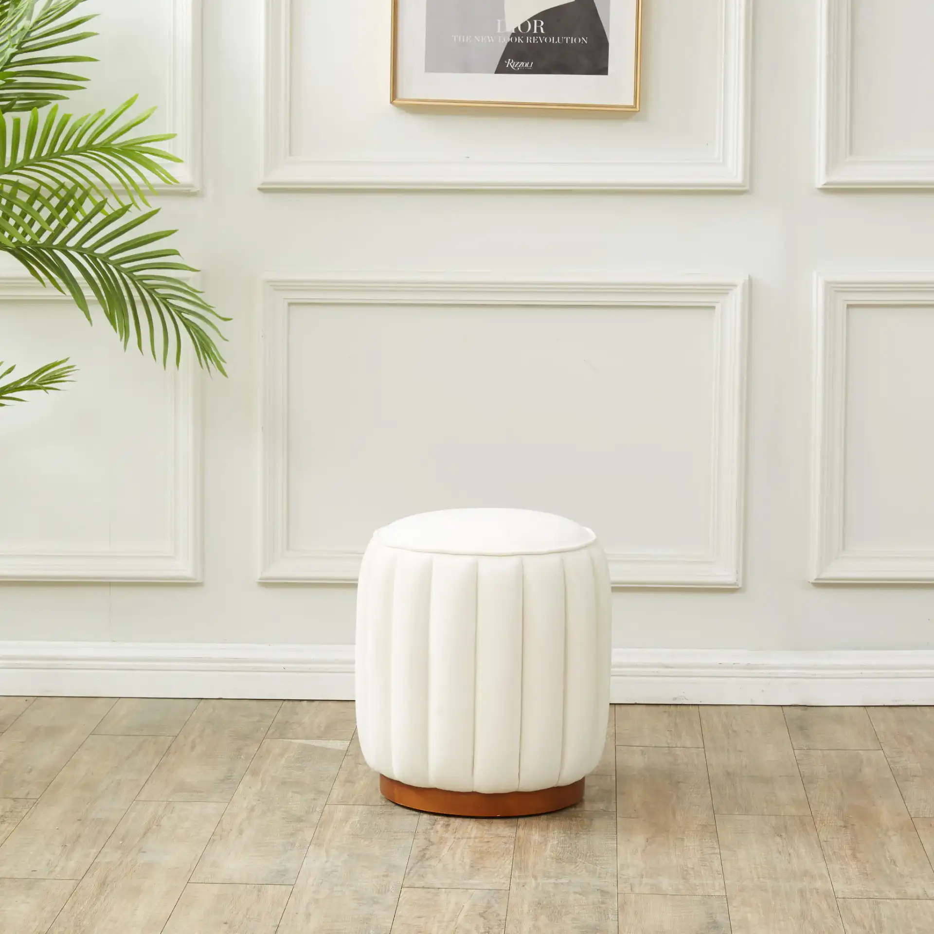Sherrie Round Tufted Ottoman in Ivory / Walnut in a styled room