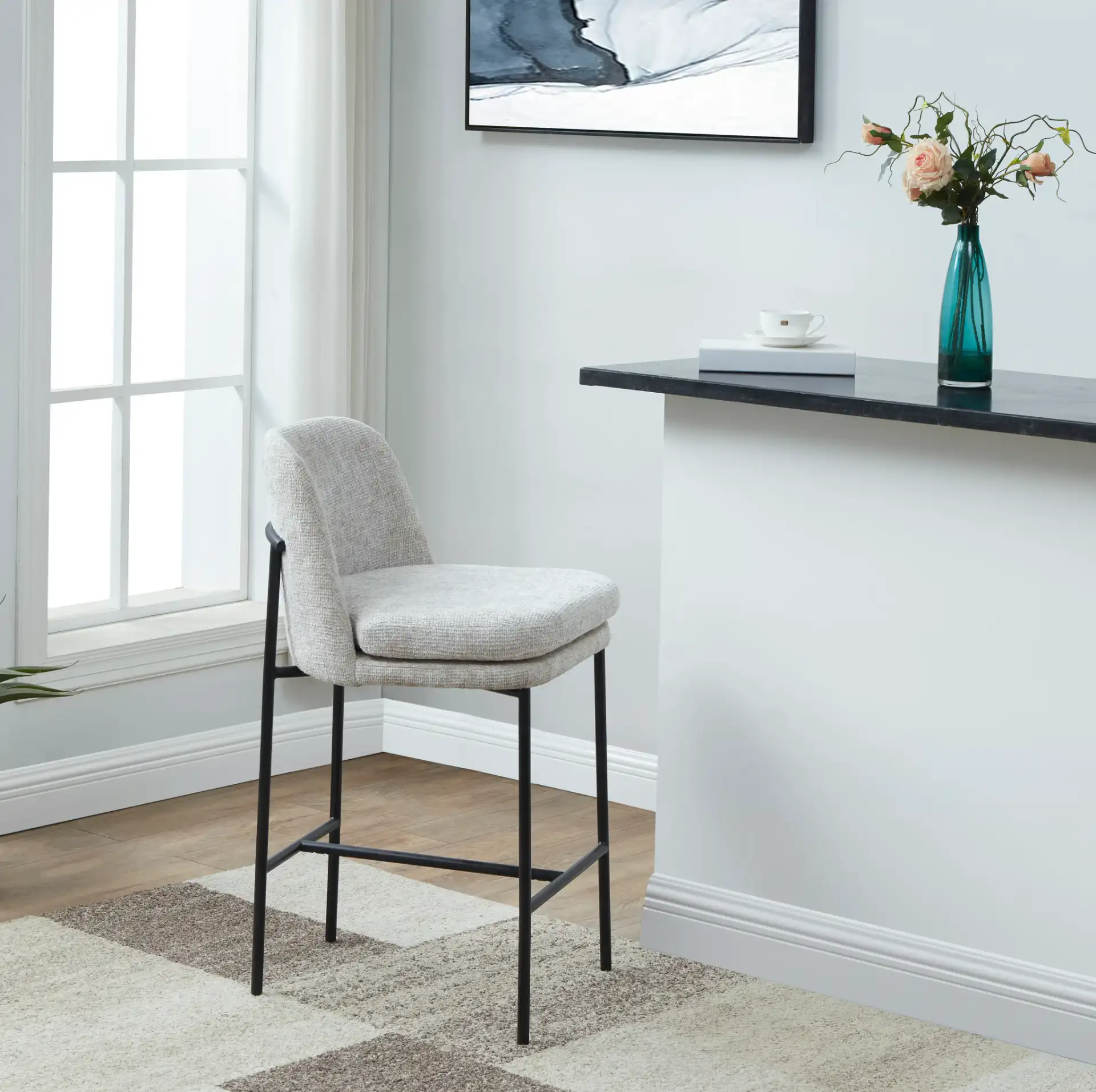 Tamarie Chenille Counter Stool in Light Gray / Black in a styled room