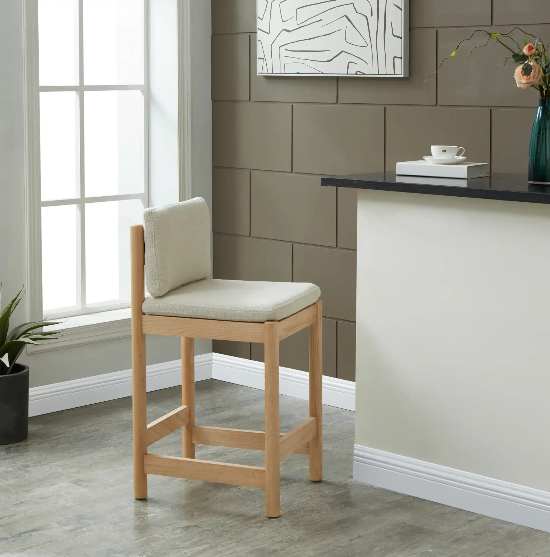 Kalmia Boucle Counter Stool in Oatmeal / Natural in a styled room