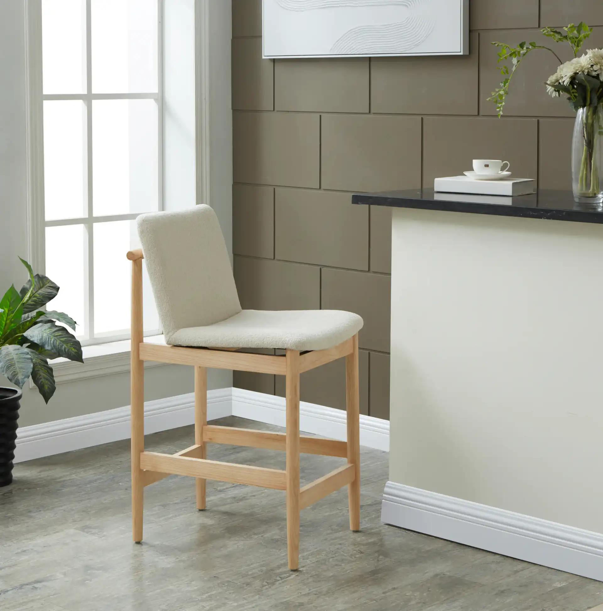 Abriella Boucle Counter Stool in Oatmeal / Natural in a styled room
