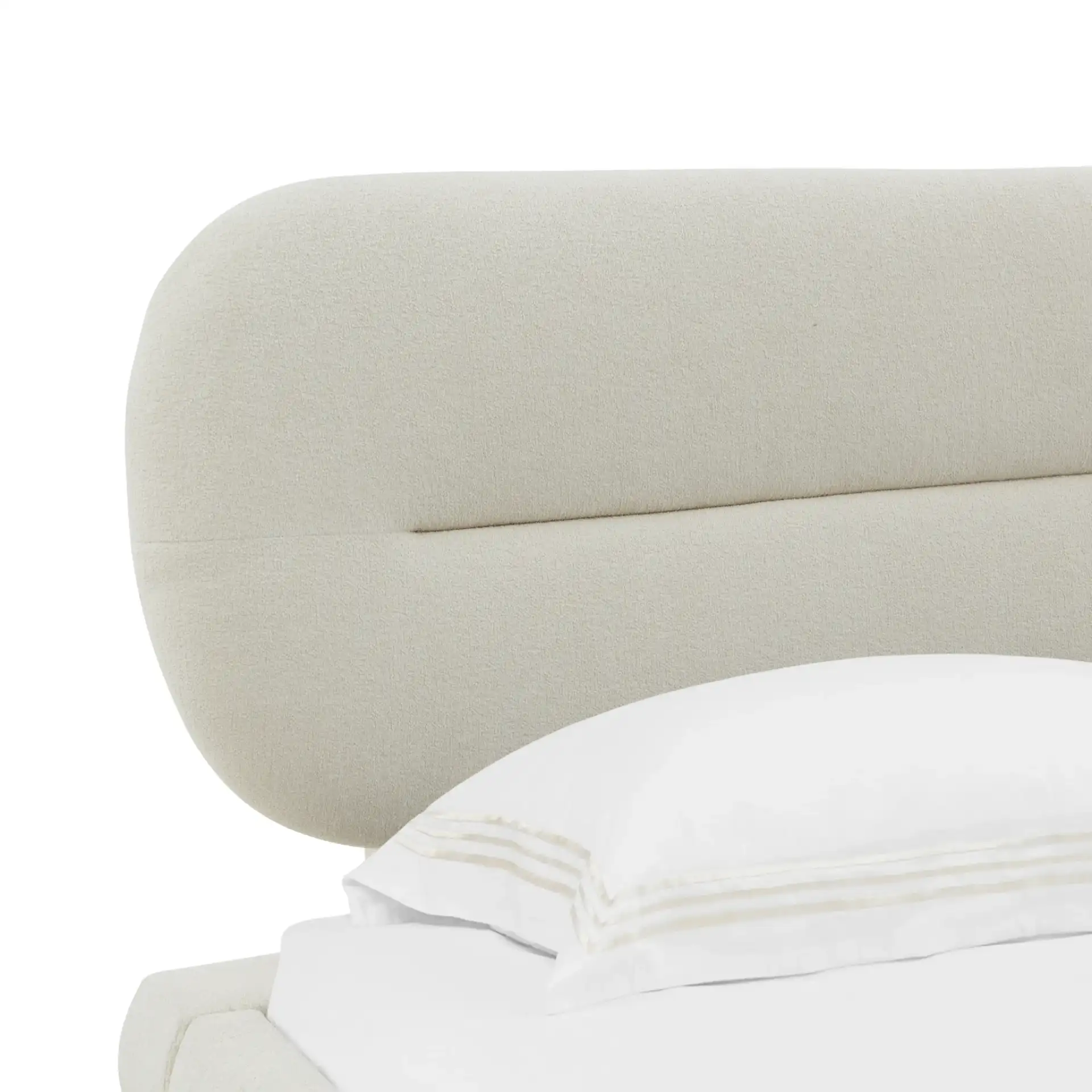 Thalia Oval Headboard Bed in Cream in a styled room