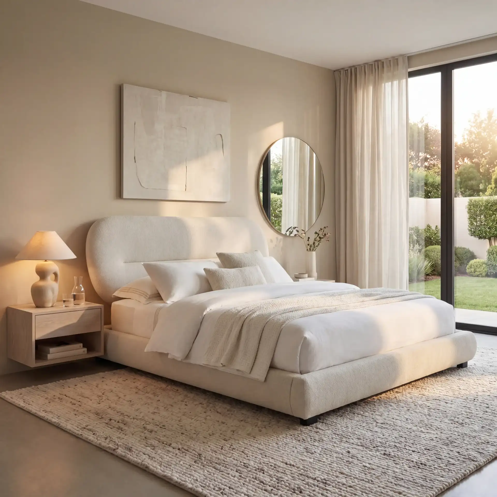 Thalia Oval Headboard Bed in Cream in a styled room