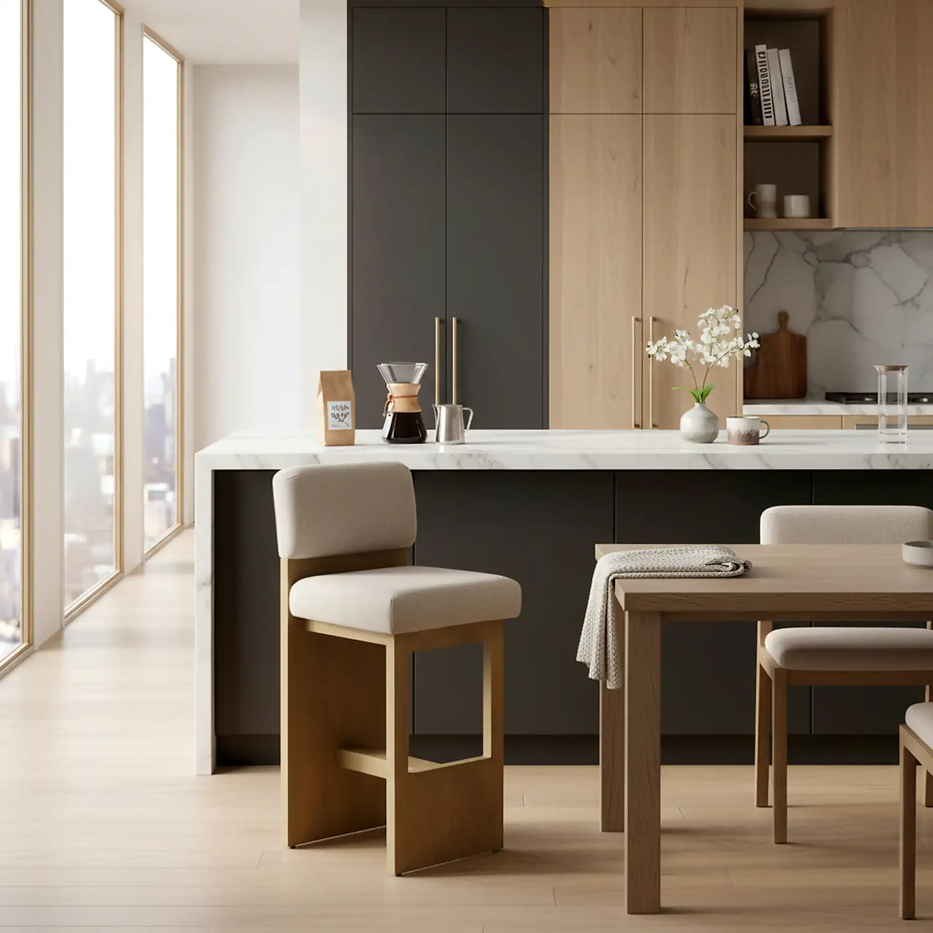 Naja Modern Counter Stool in Taupe / Natural in a styled room
