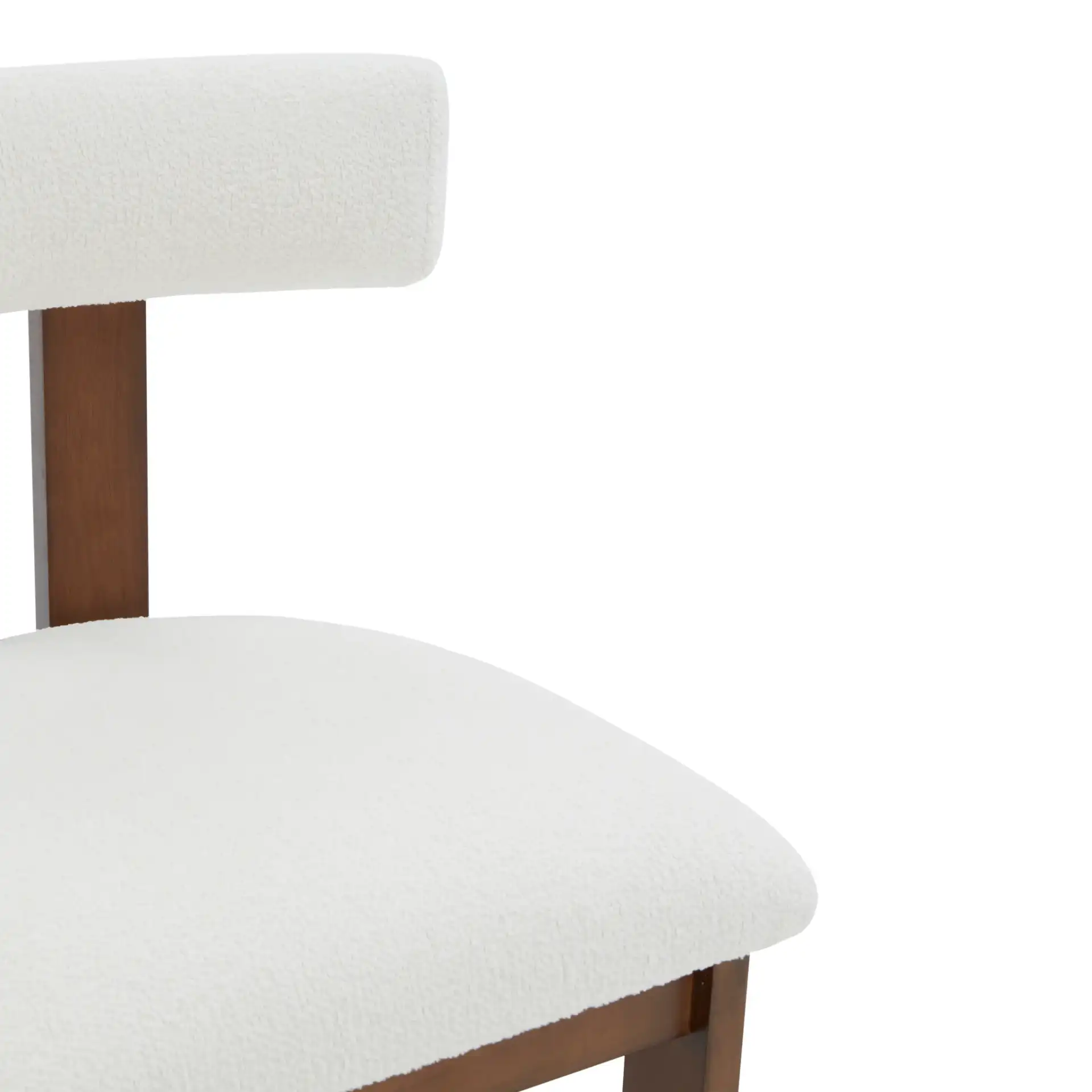 Macey Boucle Dining Chair in Ivory / Walnut in a styled room
