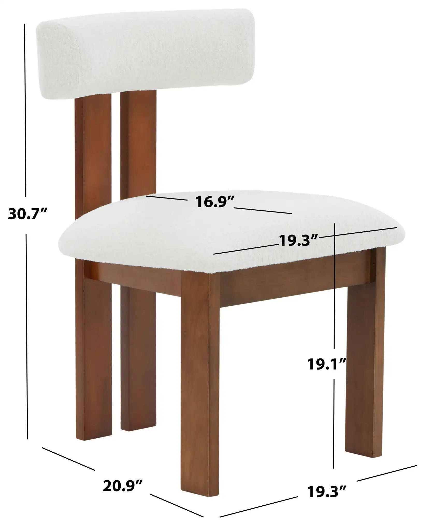 Macey Boucle Dining Chair in Ivory / Walnut, detail view