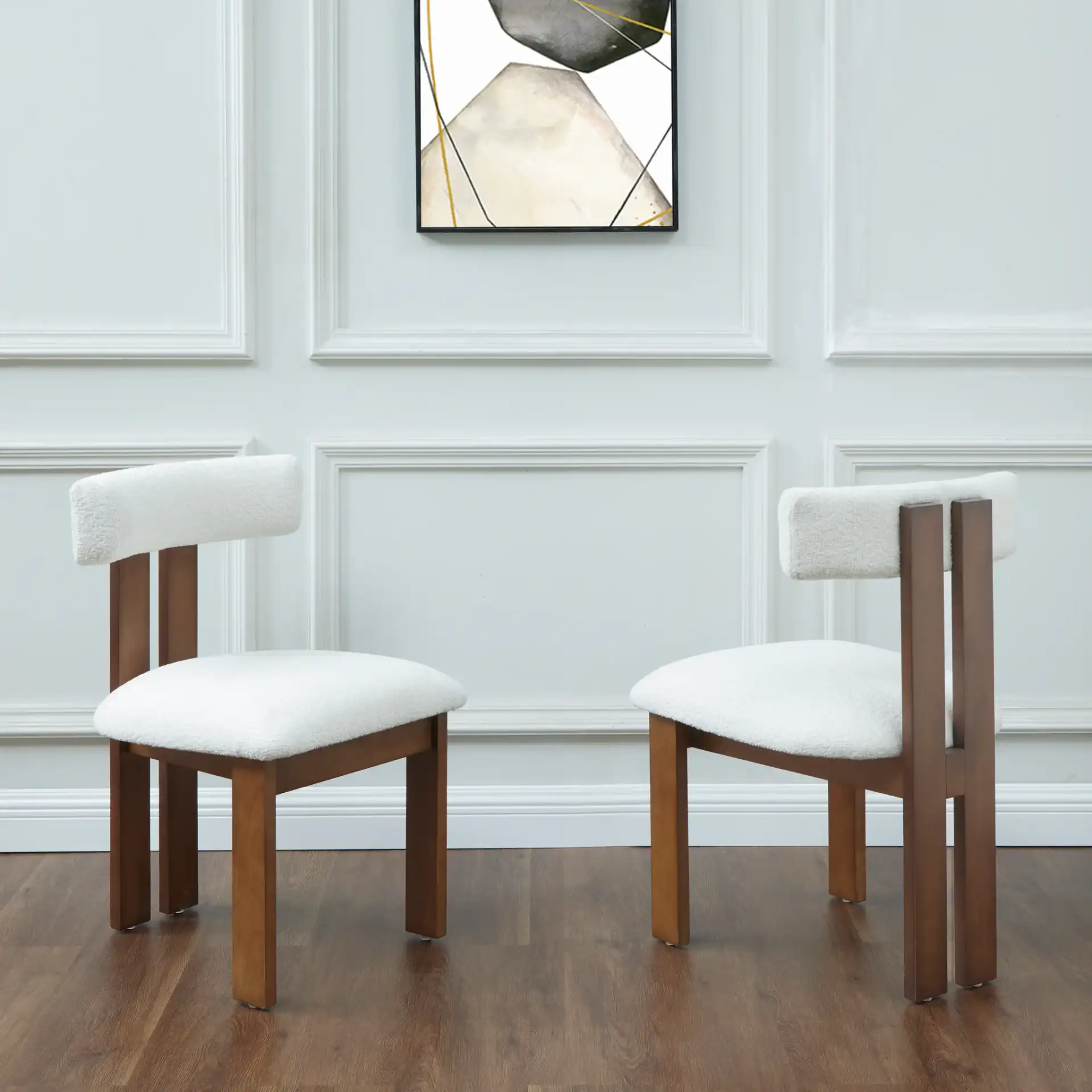Macey Boucle Dining Chair in Ivory / Walnut in a styled room