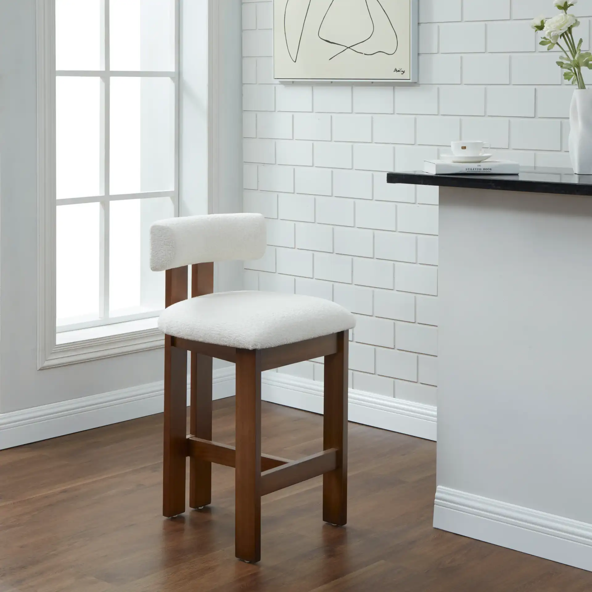 Macey Boucle Counter Stool in Ivory / Walnut in a styled room