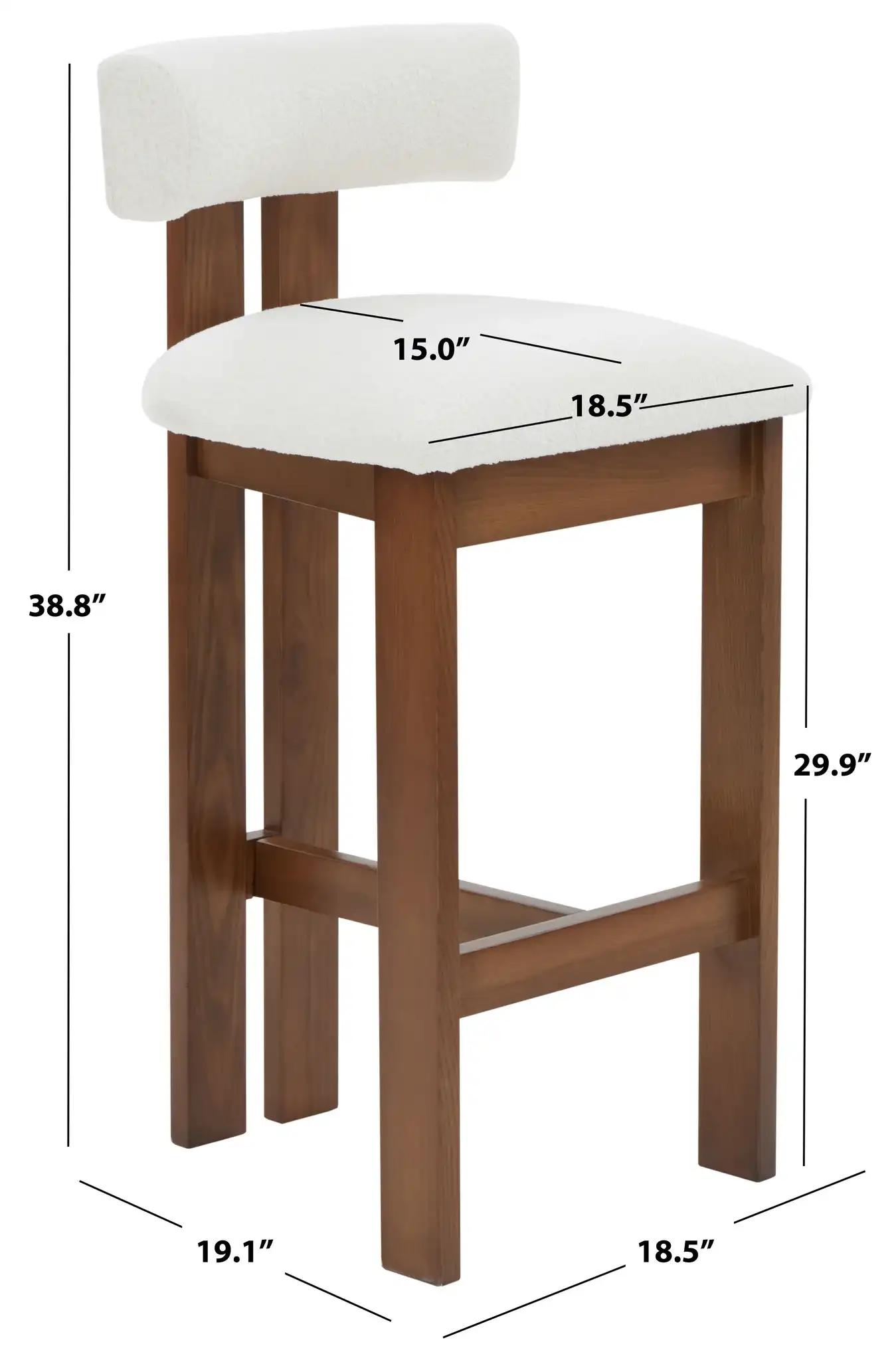 Macey Boucle Barstool in Ivory / Walnut, detail view
