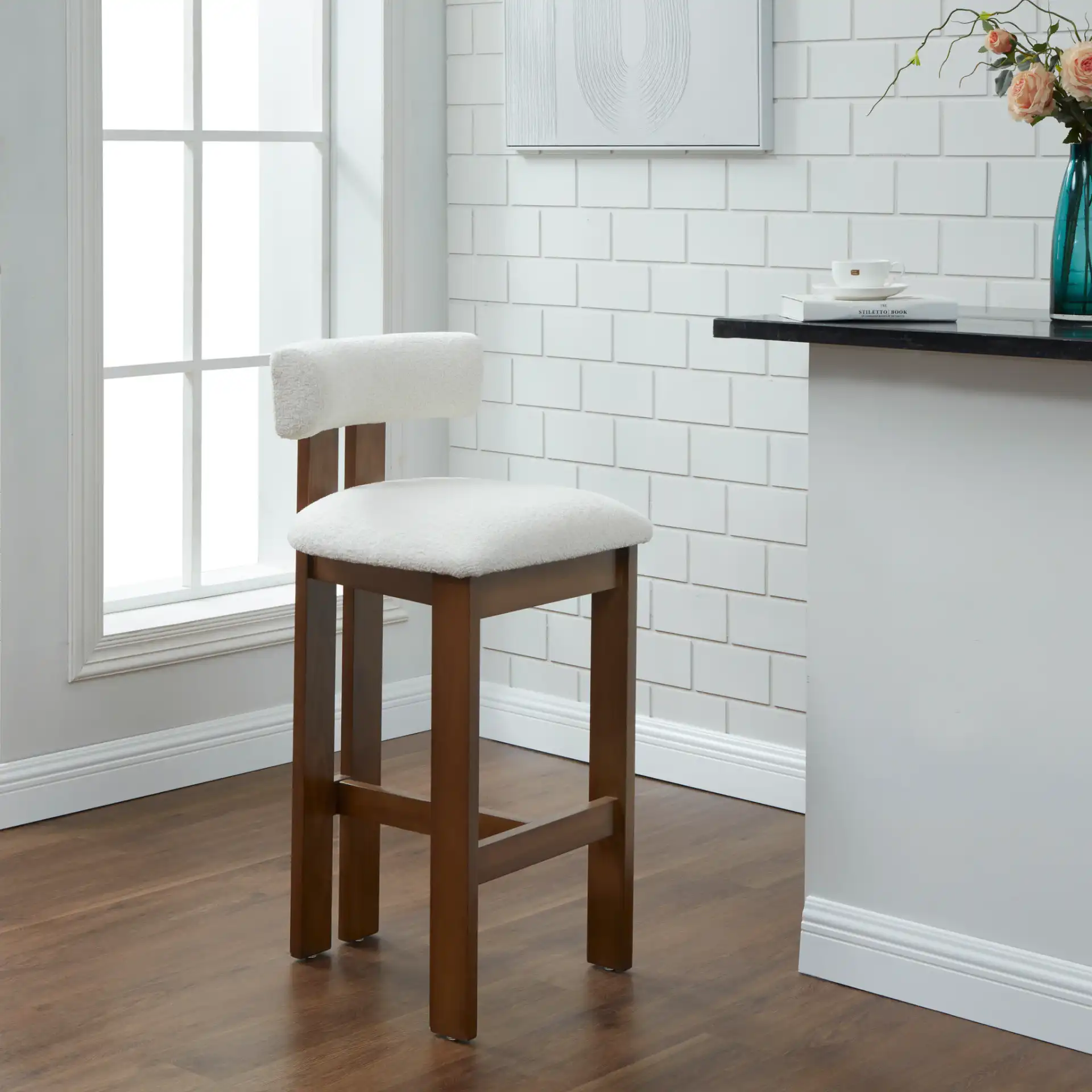 Macey Boucle Barstool in Ivory / Walnut in a styled room
