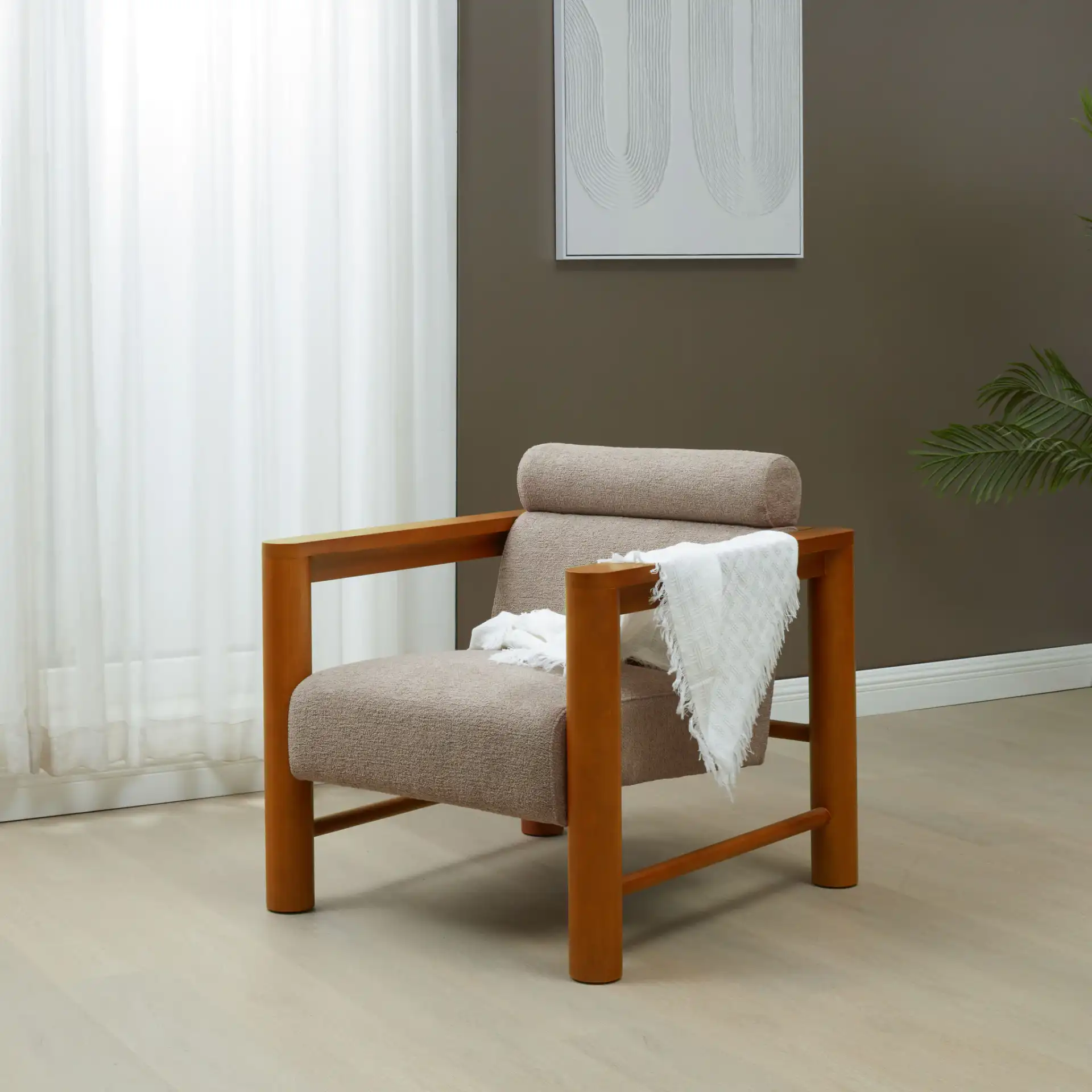 Nikolas Boucle Accent Chair in Light Brown / Natural in a styled room