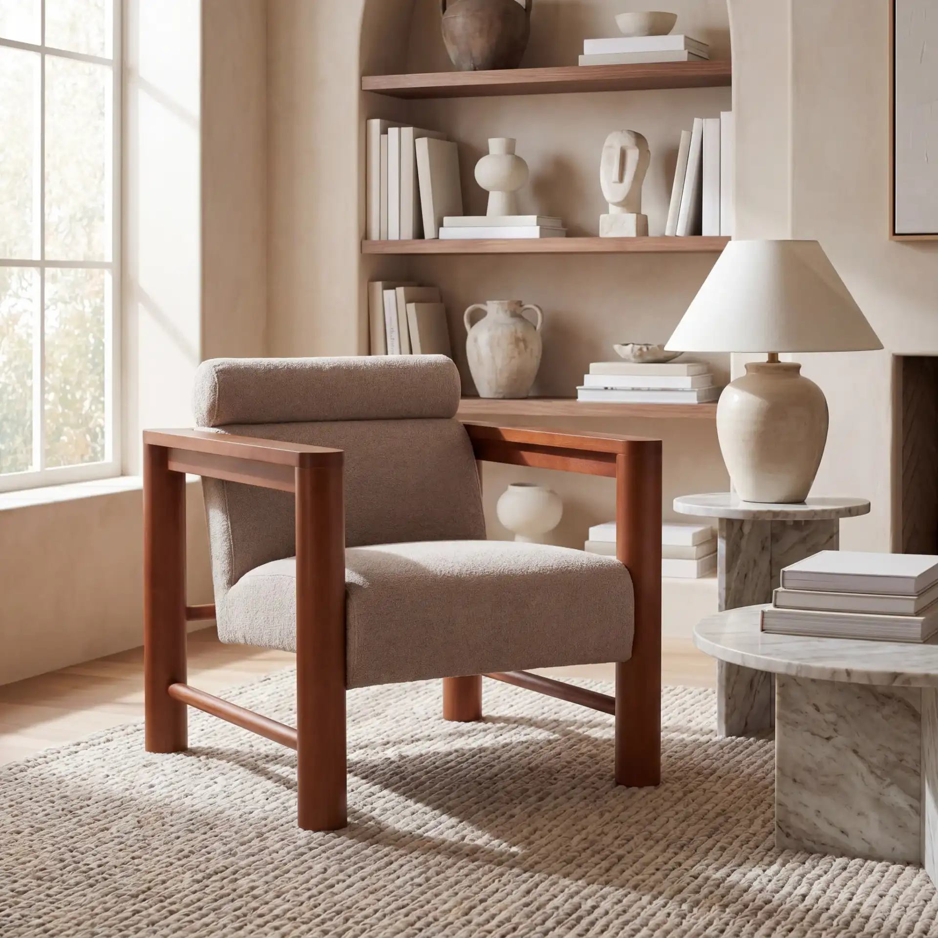 Nikolas Boucle Accent Chair in Light Brown / Natural in a styled room